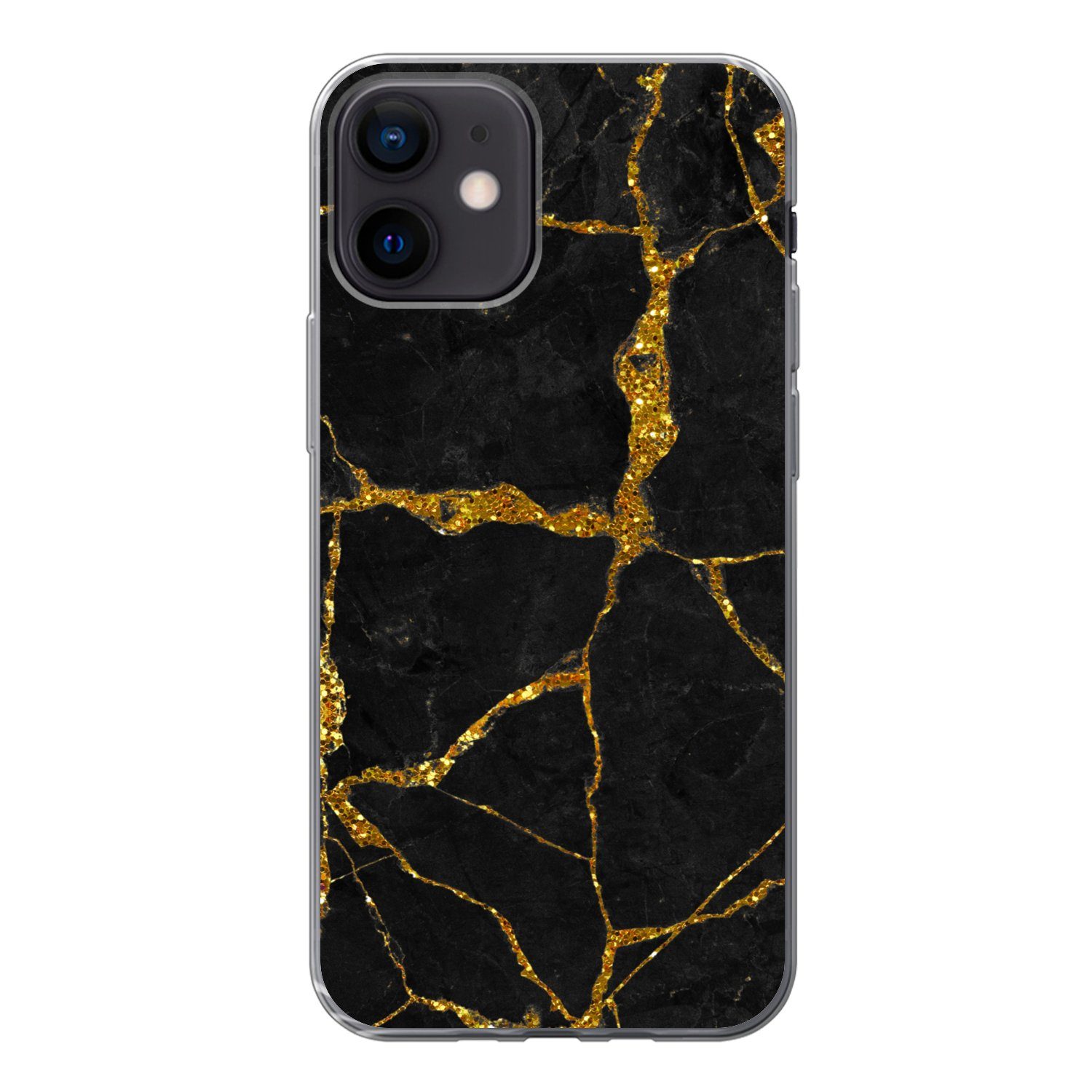 MuchoWow Handyhülle für Apple iPhone 12 Marmor - Gold - Schwarz - Marmoroptik - Glitter, Smartphone-Bumper, Print, Handy Schutzhülle Dünn