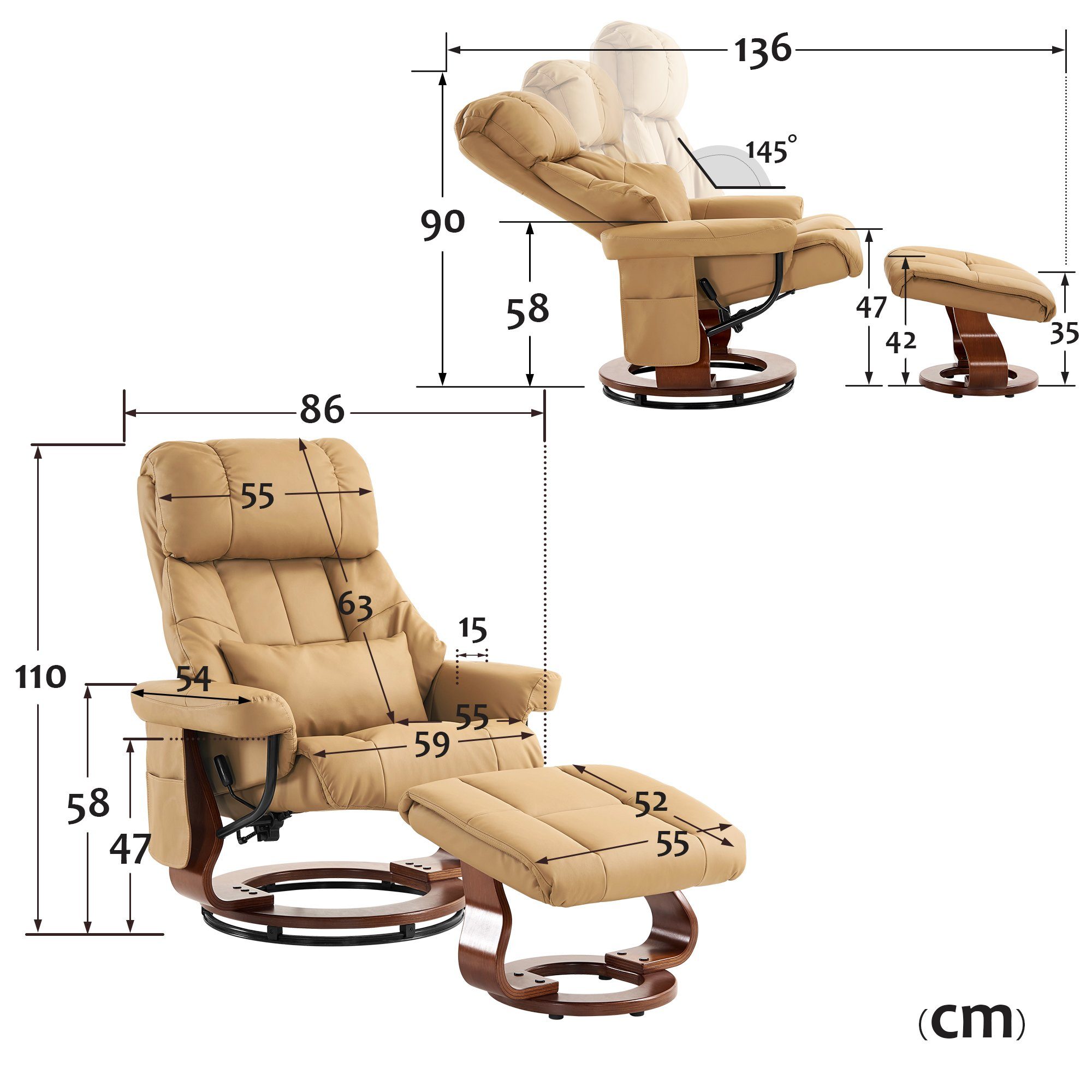 mit Gelbbeige Hocker 9068, MCombo Liegefunktion Massagesessel Relaxsessel MCombo mit Relaxsessel 360°drehbarer