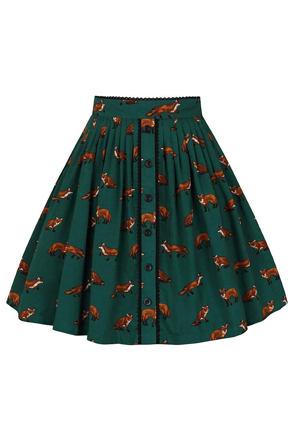 Hell Bunny A-Linien-Rock Vixey Skirt Grün Retro Vintage Swing Fuchs Motiv