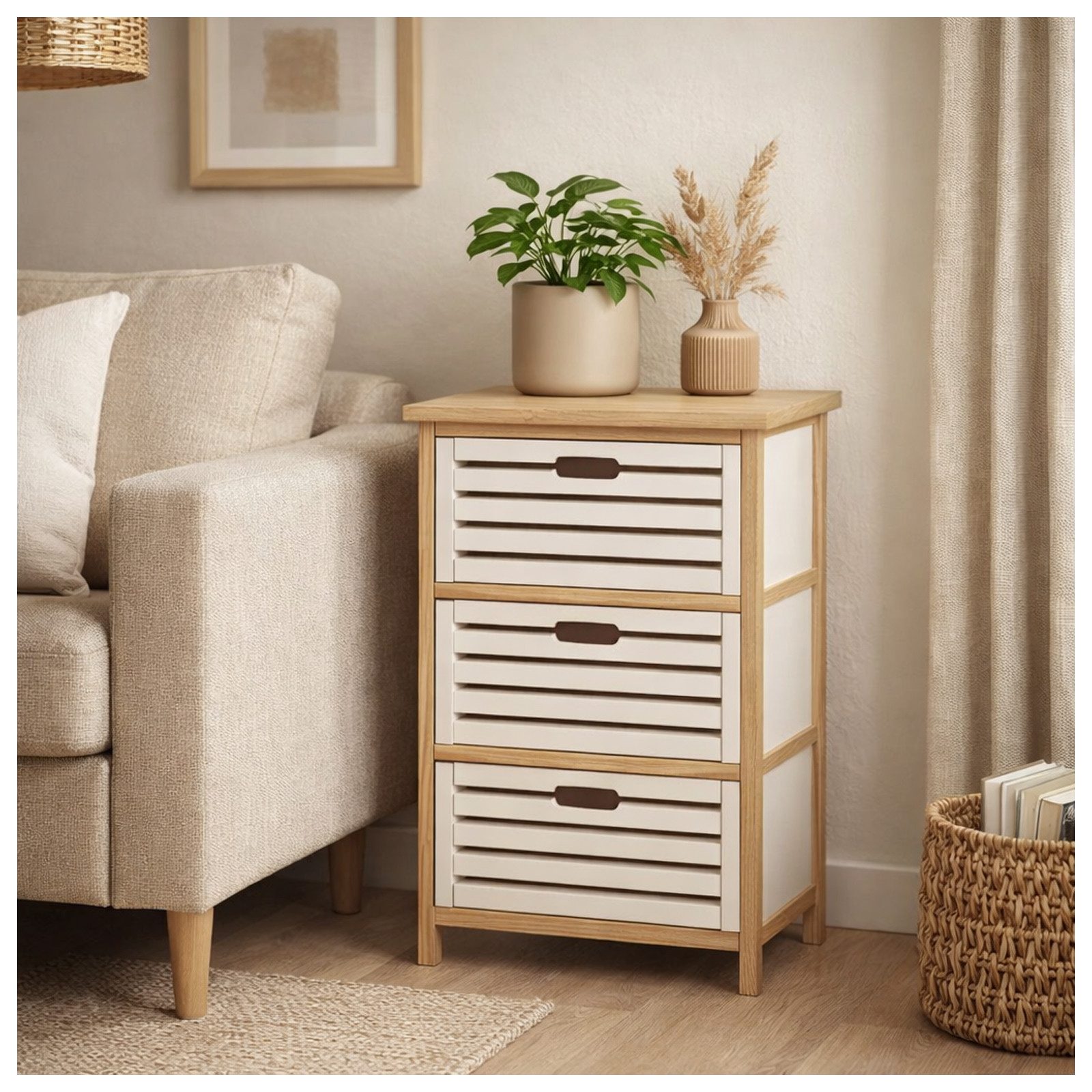 HTI-Living Kommode Kommode Melia 3 Schubladen Lamellen Artisaneiche-Weiß (Stück, 1 St., 1 Kommode)
