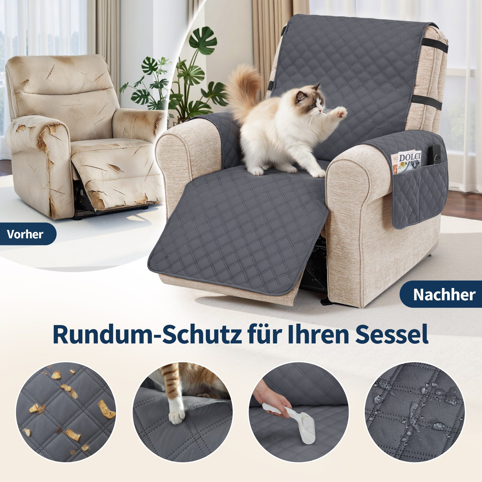 MCombo Sofabezug M MCombo Sesselschoner für Relaxsessel C1833, Wasserdicht & Anti-Rutsch, mit Armlehne & Taschen – Bild 3 von 5