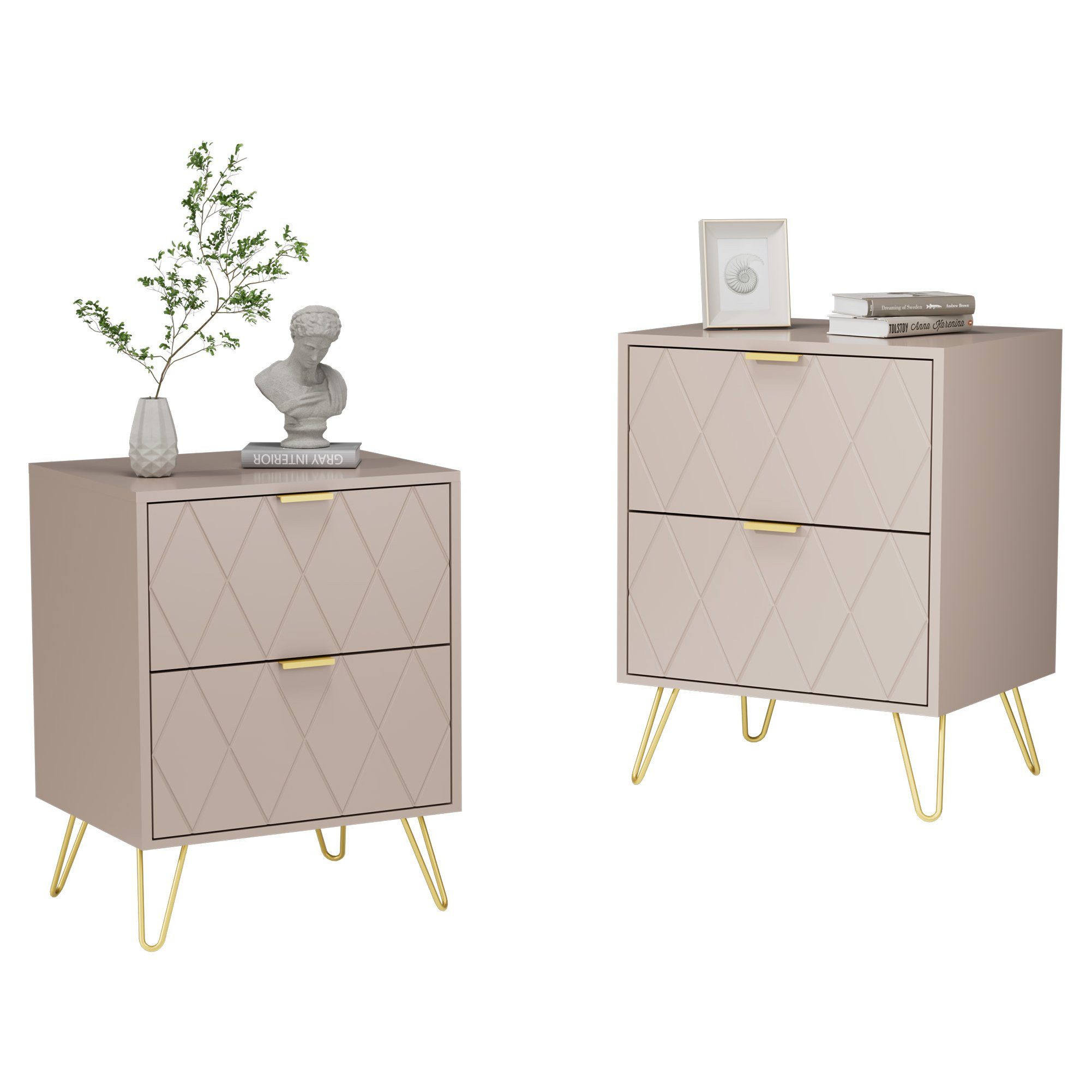 UEV Nachttisch 2er Set, Beistelltisch mit Beine, Nachtkommode mit Schubladen (Nachtschrank, Sofatisch für Wohnzimmer Schlafzimmer), Modern, 40 x 30 x 52 cm