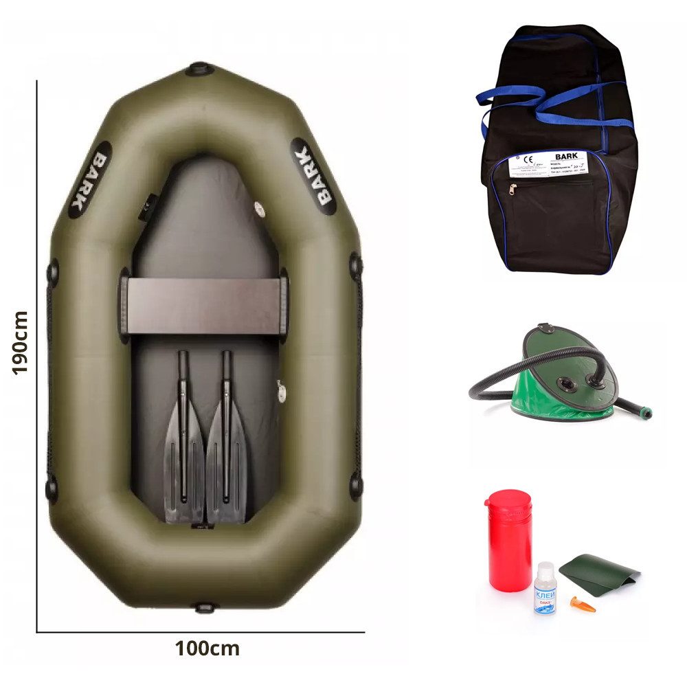 BARK Boote Schlauchboot 1,9m-3m, 1-3 Personen, Angelboot BARK B-190 bis B-300, (mit 2 Paddeln und Zubehör), Komplettset mit Tragetasche, Fußpumpe und Reparaturset