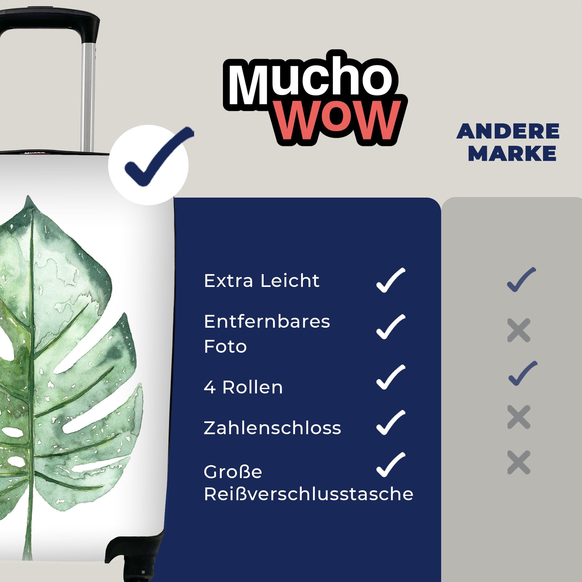 MuchoWow Reisekoffer Reisetasche für Ferien, Handgepäck mit Rollen, rollen, - Trolley, 4 Blatt, Aquarell Handgepäckkoffer Monstera -