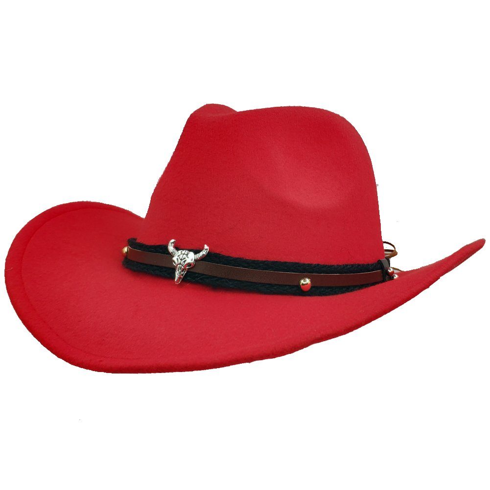 Yalion Filzhut Western Cowboyhut Herren Temperament Sämischleder Hut Rot feine Accessoires