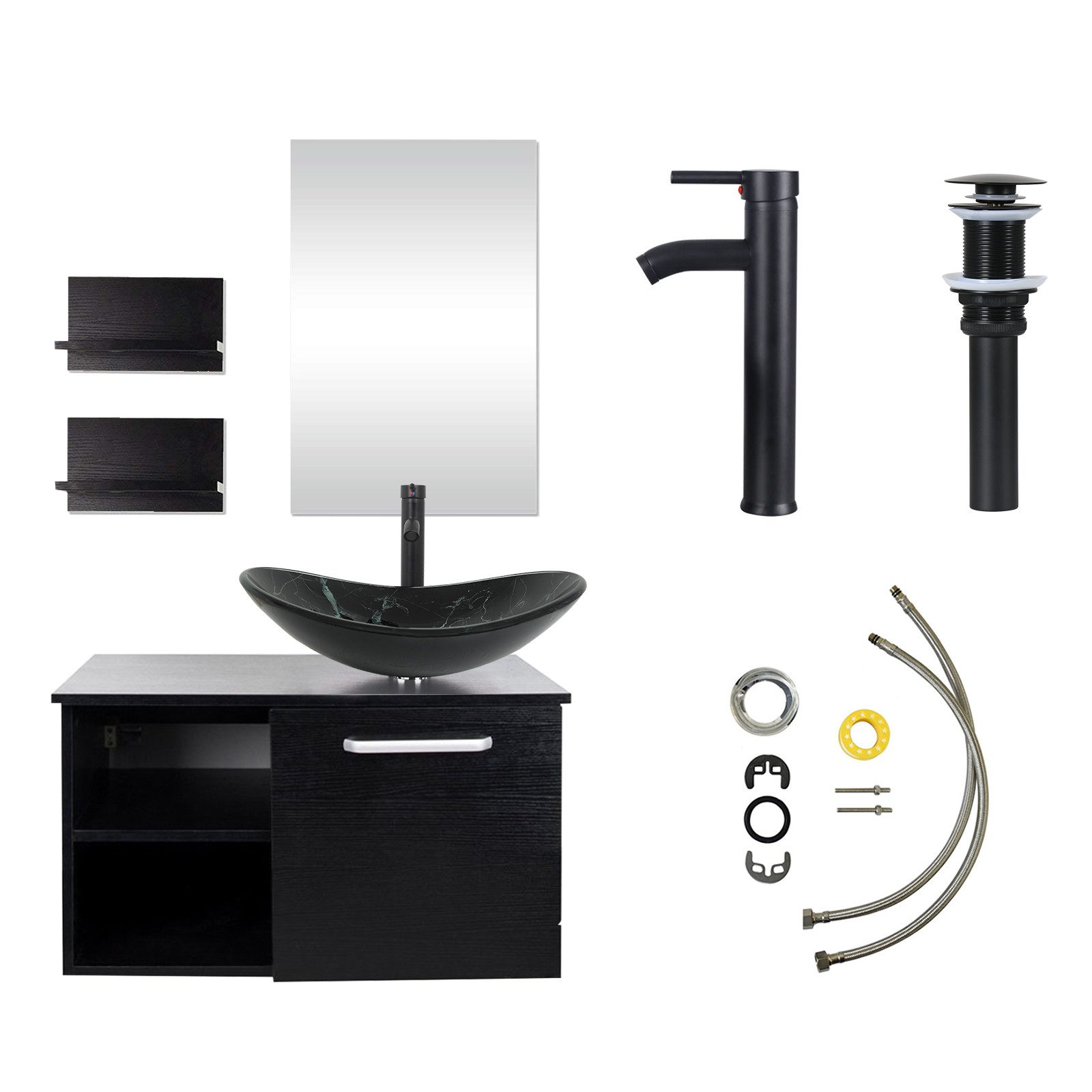 Puluomis Badezimmer-Set mit Spiegel, Badezimmerschrank mit 2 Regale ohne/mit Waschbecken Set