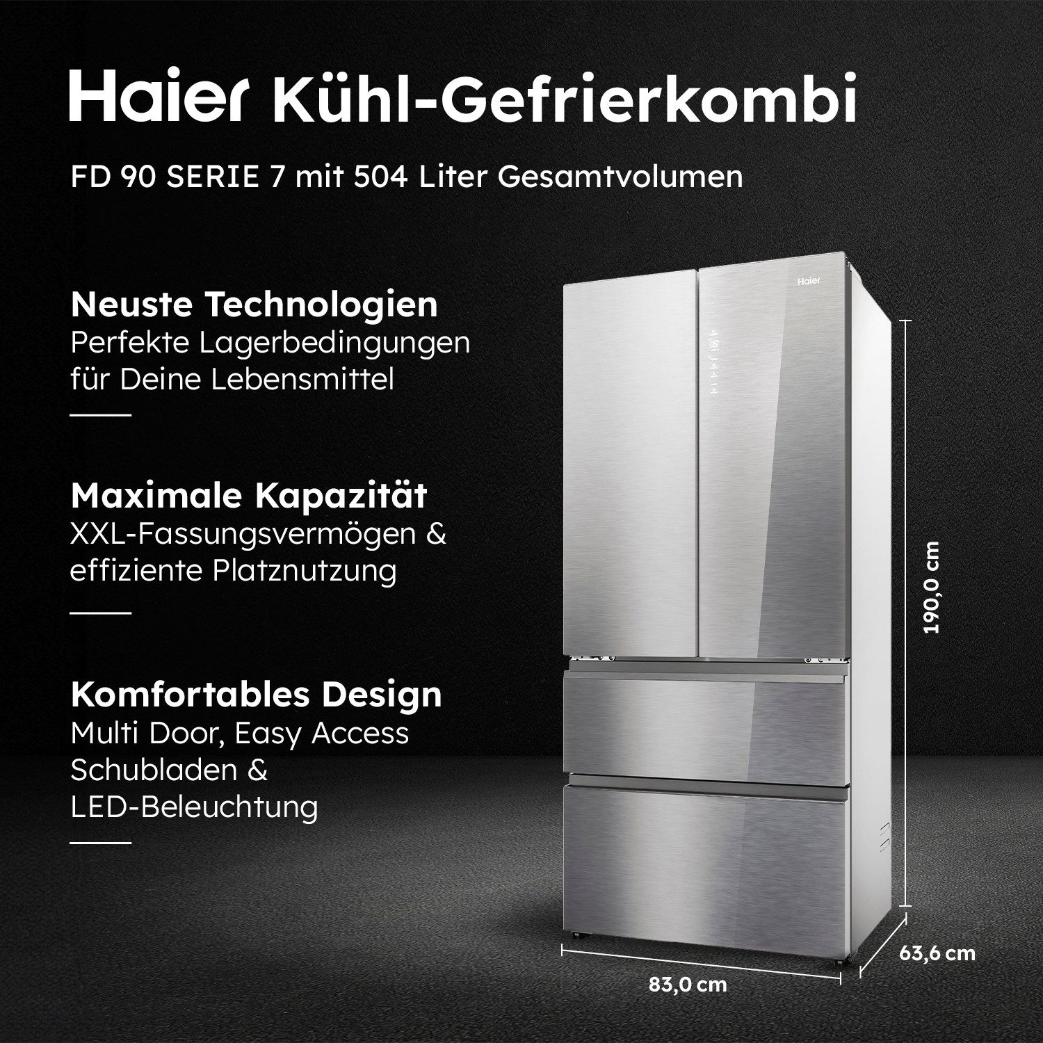 Haier French Door French Door 83 HFR7819ENGC, 190 cm hoch, 83 cm breit, 190 cm hoch, 83 cm breit, Nutzinhalt: 504 Liter, HumidityZone
