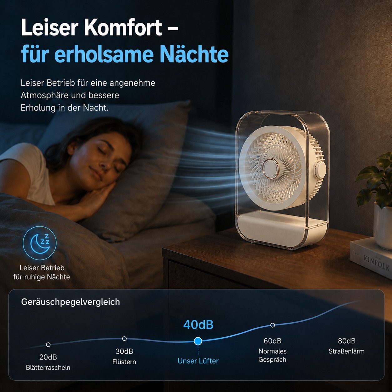 MOPUEA Standventilator Tragbarer Tischventilator,wiederaufladbarer mit 5 Windstärken, 360°-Drehung, LED-Lampe, Turbo-Luftstrom, für Büro, Zuhause, Reisen