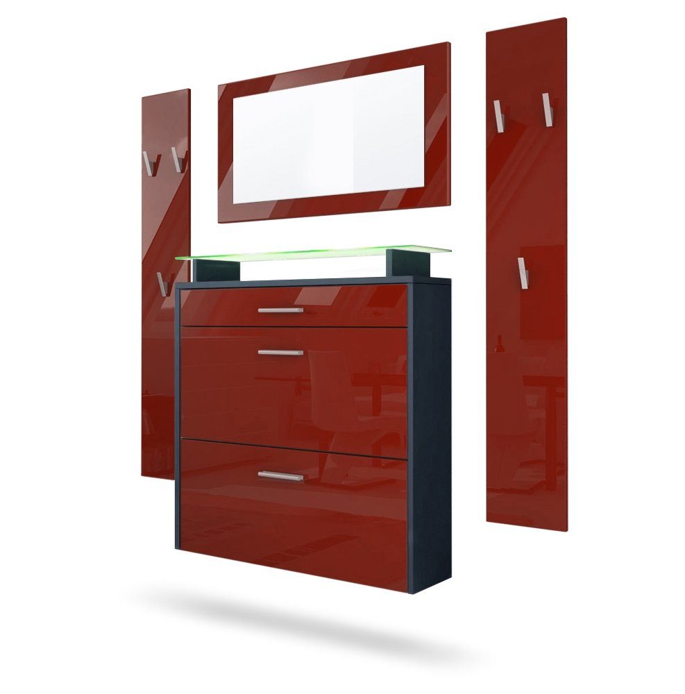 Vladon Garderoben-Set Malea, (Garderobenset bestehend aus 1 Hängeschuhschrank, 1 Wandspiegel und 2 Garderobenpaneele), Anthrazit matt/Bordeaux Hochglanz, inkl. LED-Beleuchtung RGB