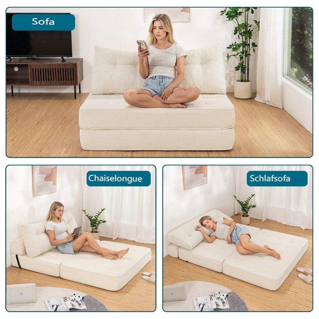 MECO Schlafsofa 3-in-1 umwandelbarer Klappsofa Bett Schlafsessel mit Kissen, 2 Sitzer Schlafcouch Bodensofa-Lounge, 130x80x40cm für Schlafzimmer Wohnzimmer