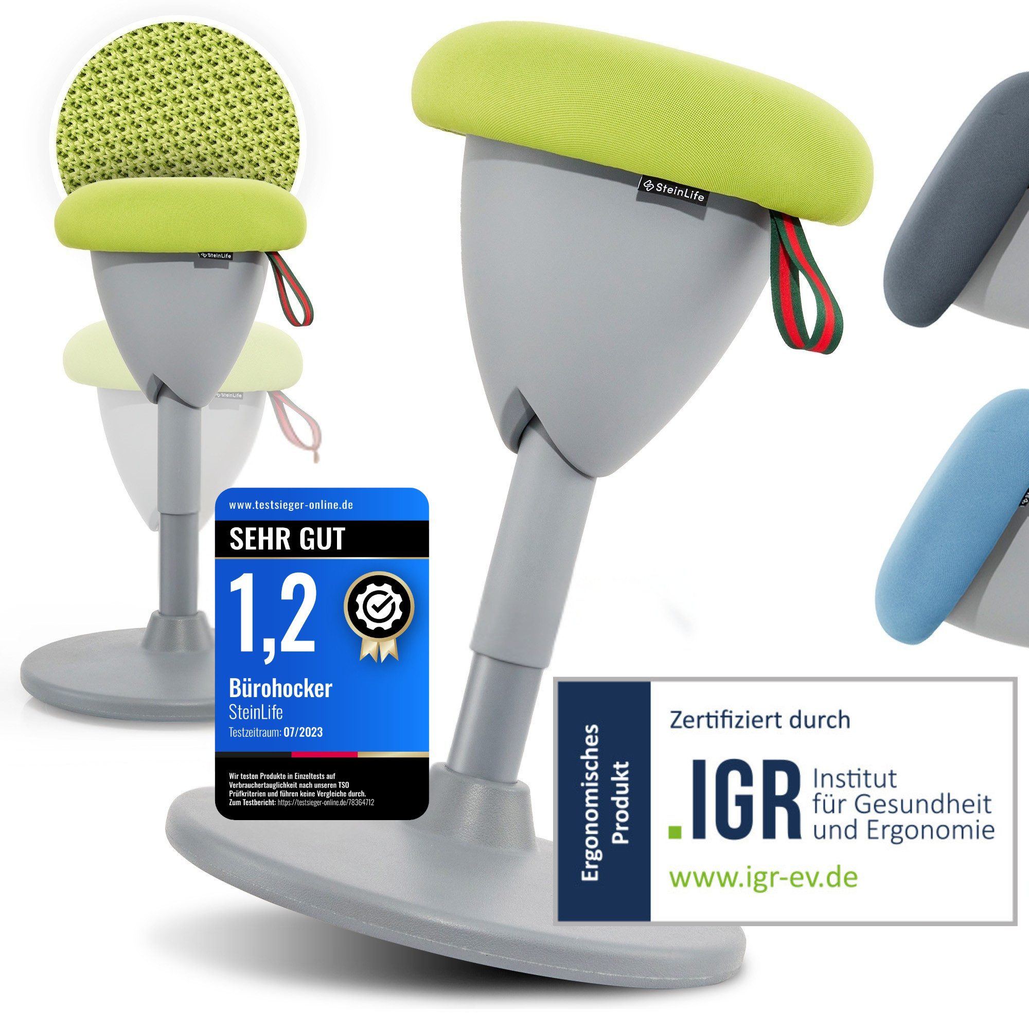 Steinlife Arbeitshocker Ergonomischer Bürohocker [Aktives Sitzen, Gesunde Haltung] (Sitzhocker Höhenverstellbar [48-68cm] Ergonomischer Hocker für Büro [Schwingeffekt] Wackelhocker Stehhocker, Arbeitshocker rutschfest Drehhocker)