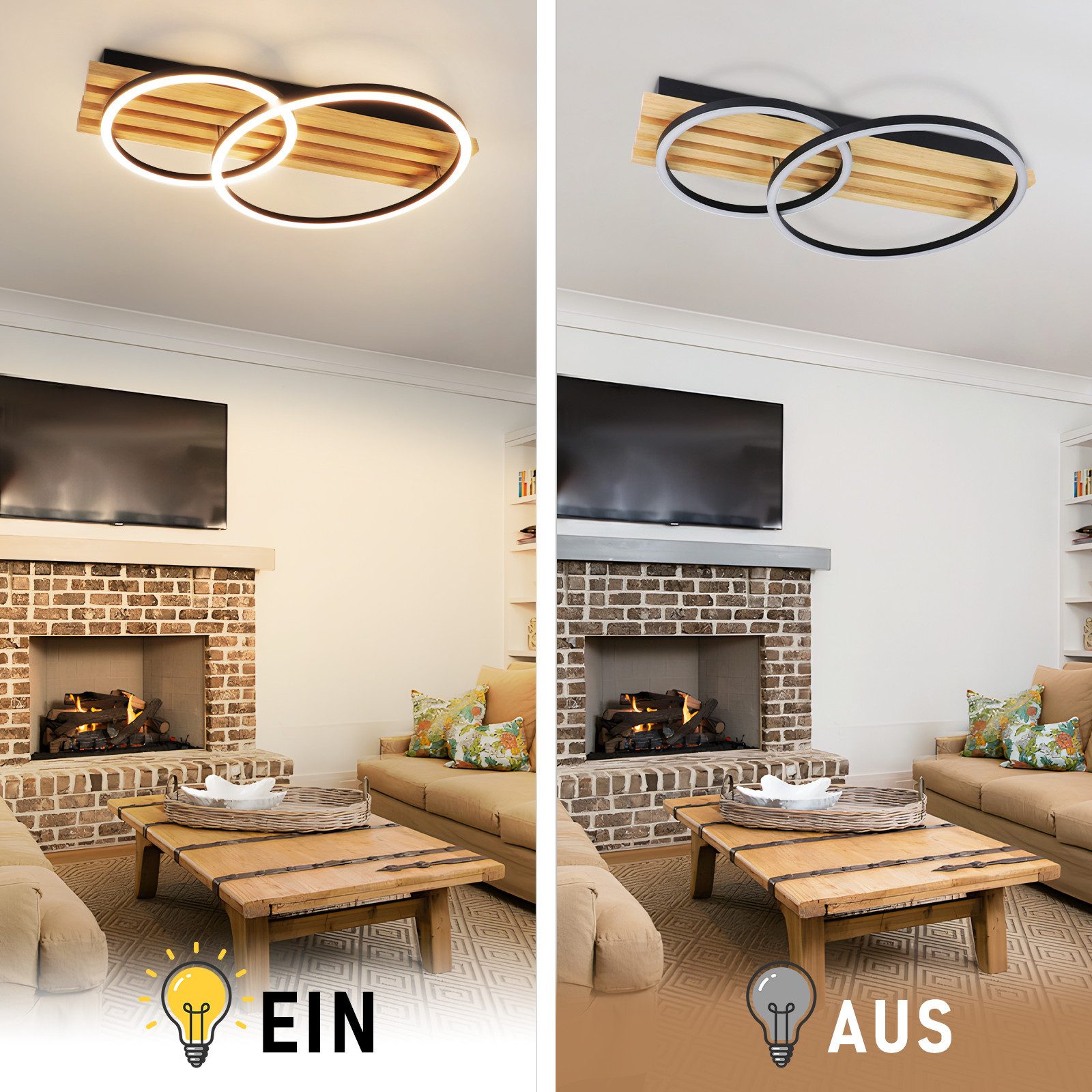 Nettlife LED Deckenleuchte Dimmbar Holz 2/3/4 Ringe Modern Deckenlampe Wohnzimmer, LED fest integriert, 36W 55*35*8.8CM für Schlafzimmer Büro Küche – Bild 5 von 5