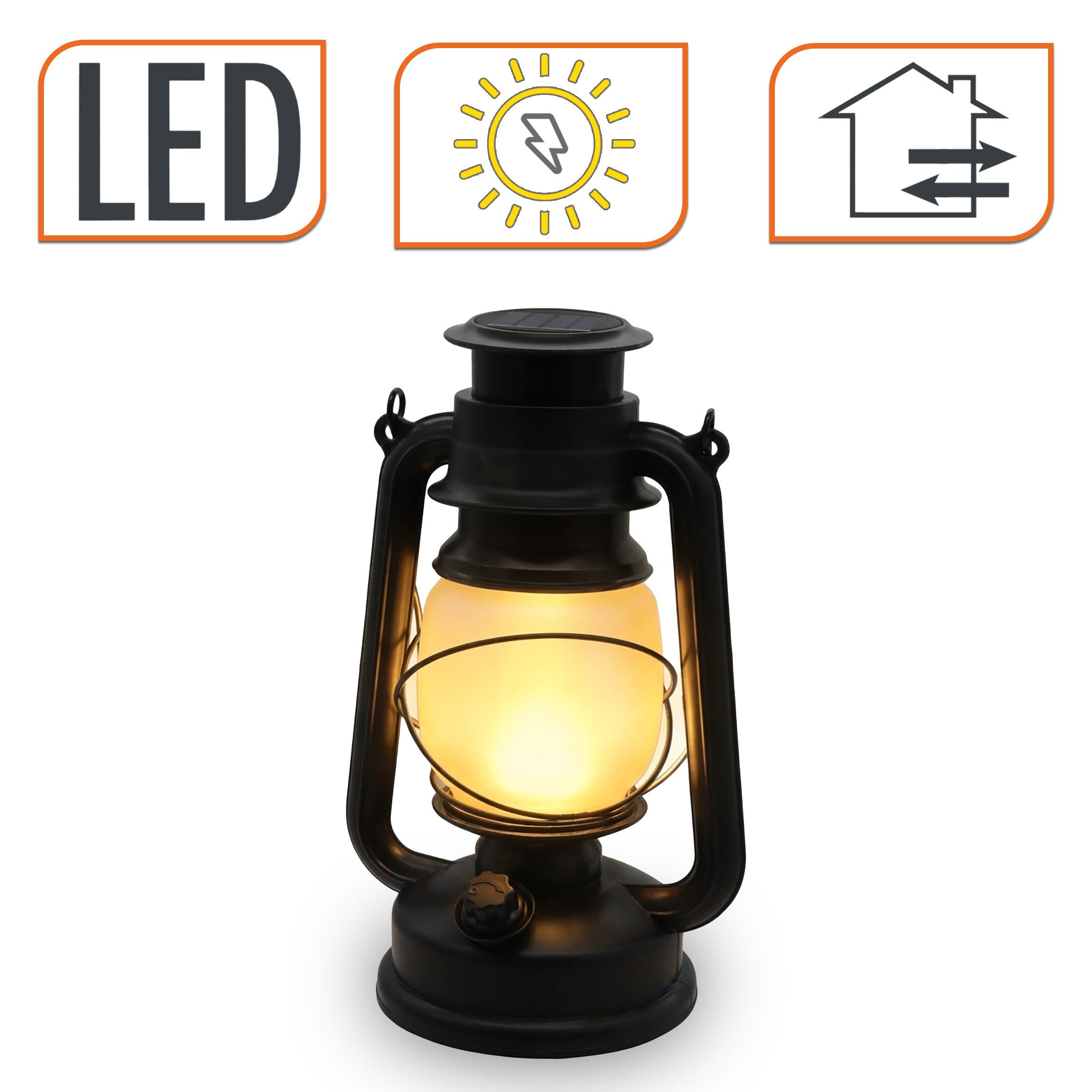Spetebo LED Laterne Solar Vintage Sturmleuchte schwarz zum Hängen oder Stellen, Dämmerungssensor, LED fest integriert, warm weiß, Retro LED Laterne in Petroleumlampe Design