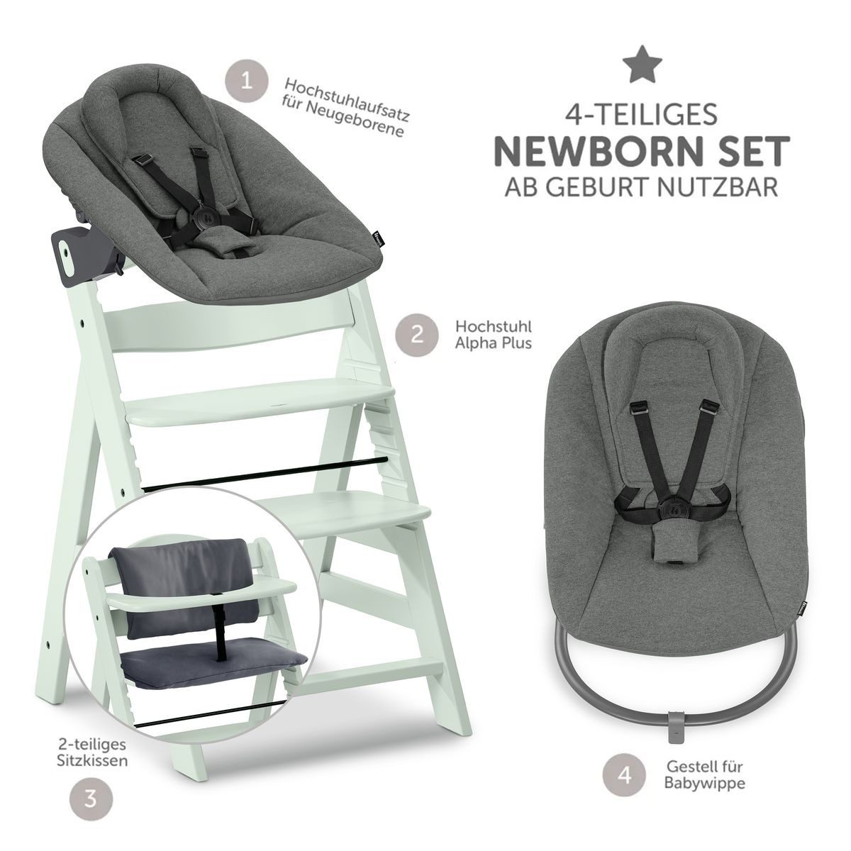 Hauck Hochstuhl Alpha Plus Newborn Set Premium - Mint, Holz Babyhochstuhl ab Geburt inkl. Neugeborenenaufsatz & Sitzauflage