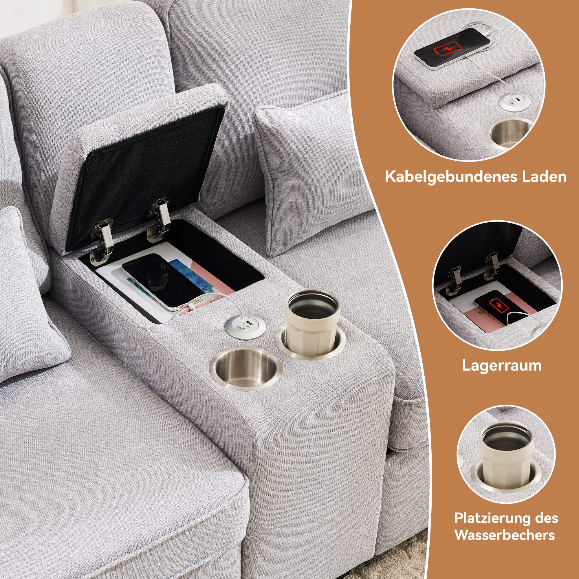 Merax 4-Sitzer mit Seitentaschen und Getränkehälter, XXL-Sofa mit USB,Chaiselounge,Polstermöbel mit Zierkissen