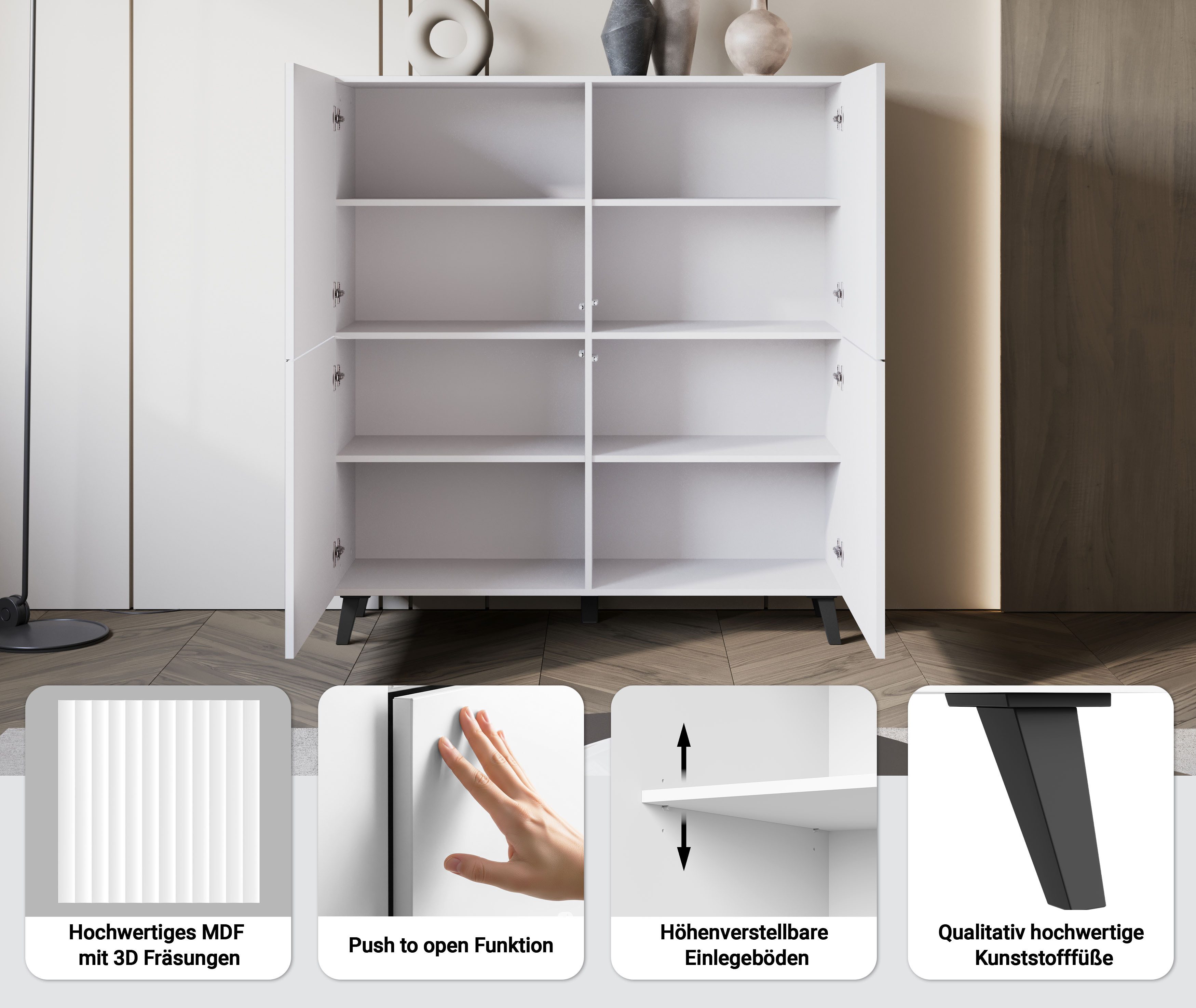 Home affaire Highboard Phuket, Front MDF, moderne Kommode mit 4 Türen und 8 Fächern, Breite 120 cm