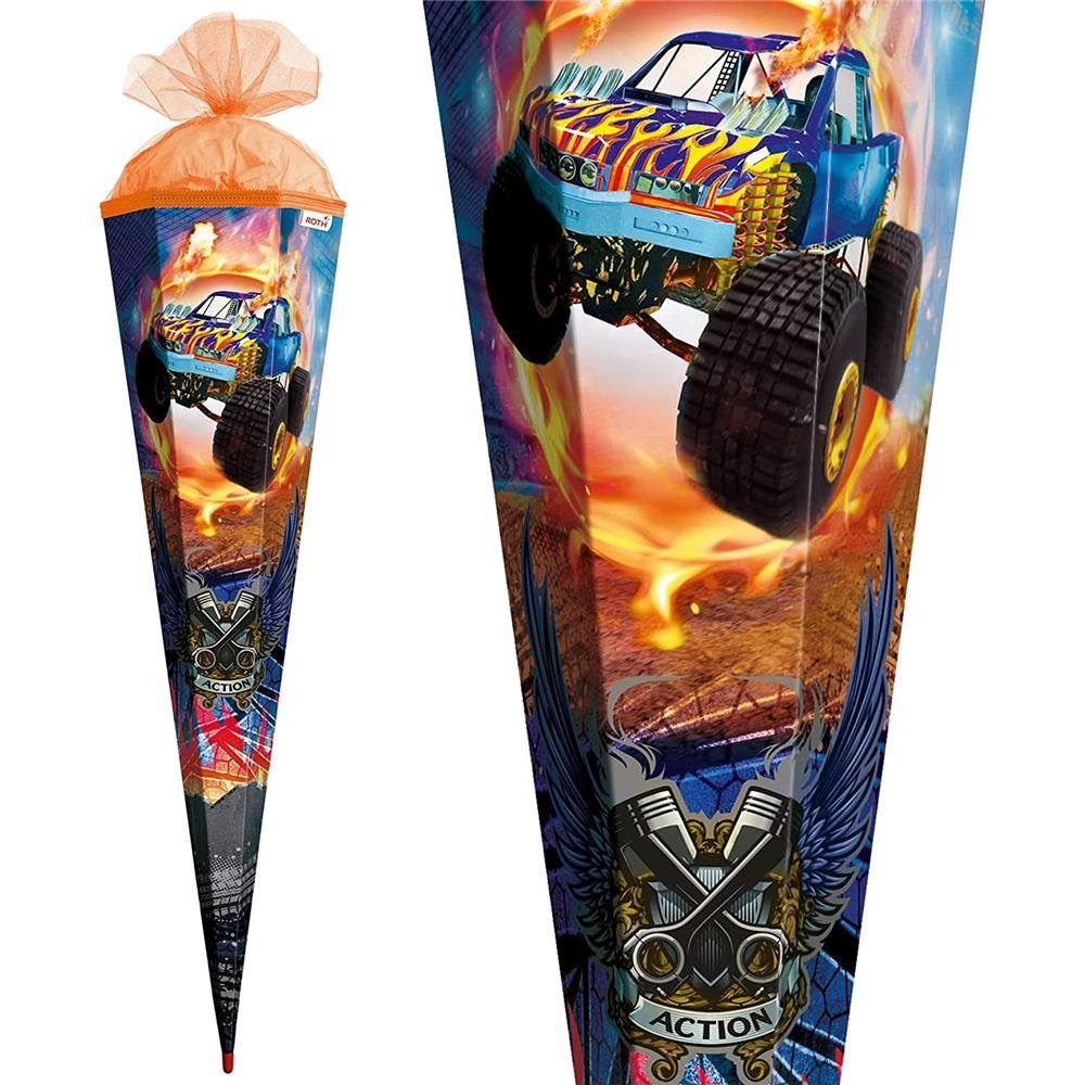 Roth Schultüte Monstertruck Fire, 100 cm, eckig, orangefarbener Tüllverschluss, für Schulanfang