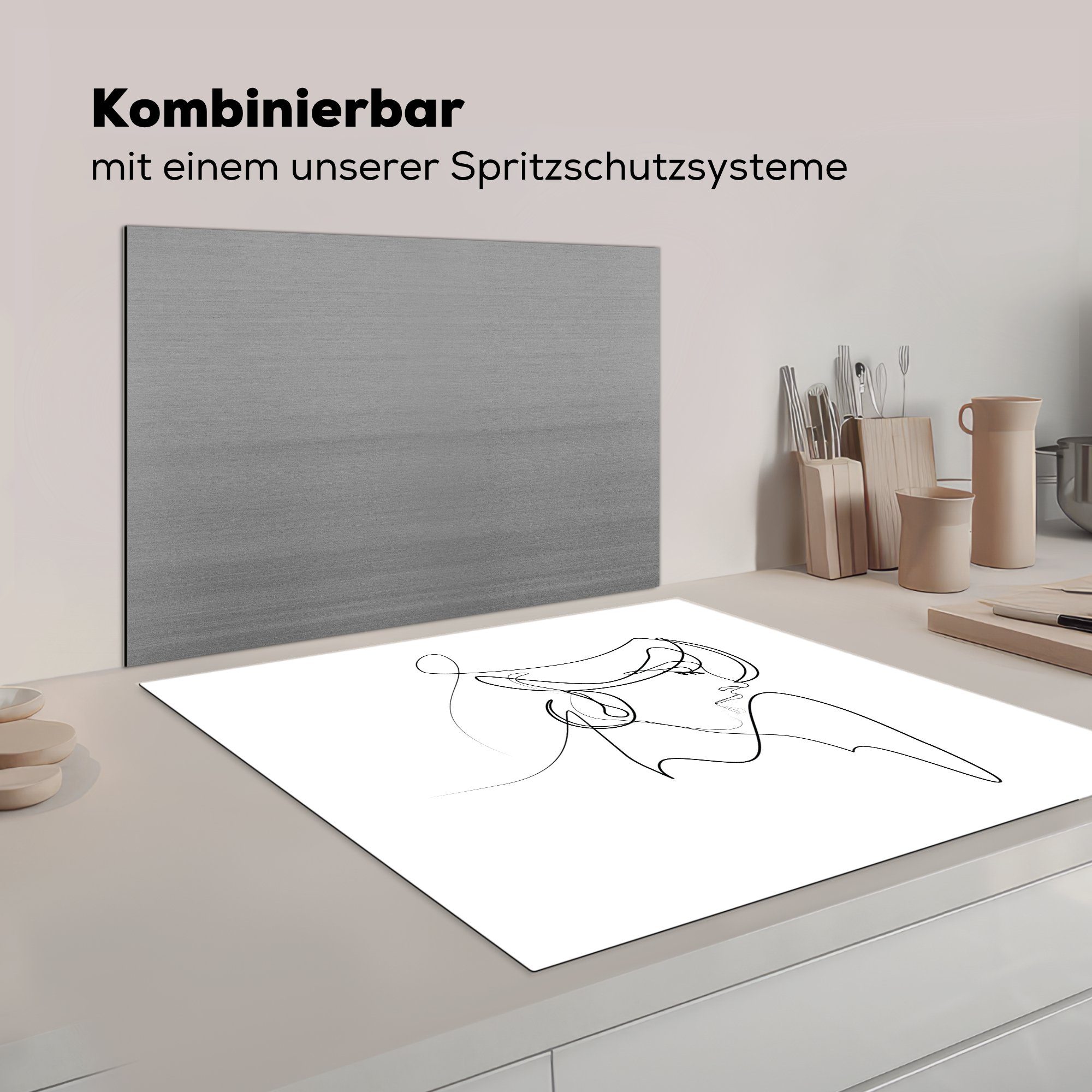 Abstrakte küche cm, 78x78 eleganten Vinyl, einem Herdblende-/Abdeckplatte weißen, Frau Ceranfeldabdeckung, (1 tlg), Linie Kunst einer MuchoWow auf für Arbeitsplatte