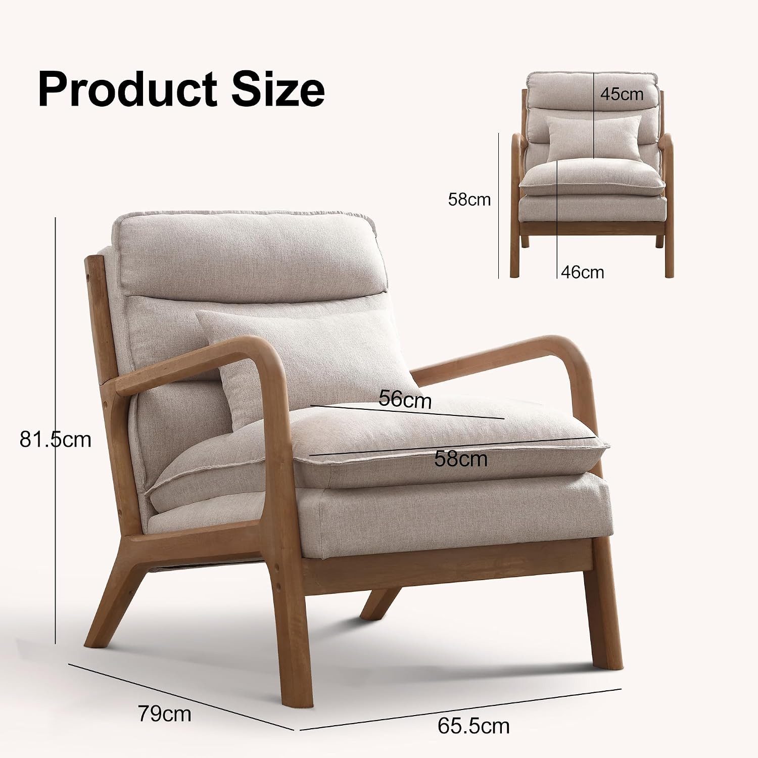 CANMOV Relaxsessel Sessel mit Kissen, Loungesessel mit hoher Rückenlehne, Einzelsessel (1-St), Natürliches Holz, Liegestuhl mit Armlehne und Kissen, für Wohnzim – Bild 2 von 5