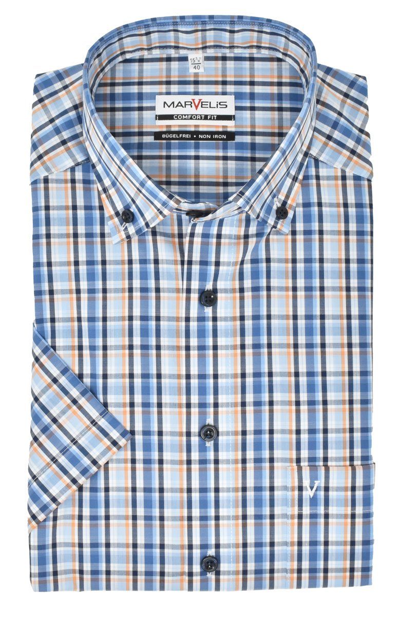 MARVELIS Kurzarmhemd Kurzarmhemd - Comfort Fit - Kurzarm - Kariert -  Blau/Orange/Weiß Mit Kontrastknöpfen