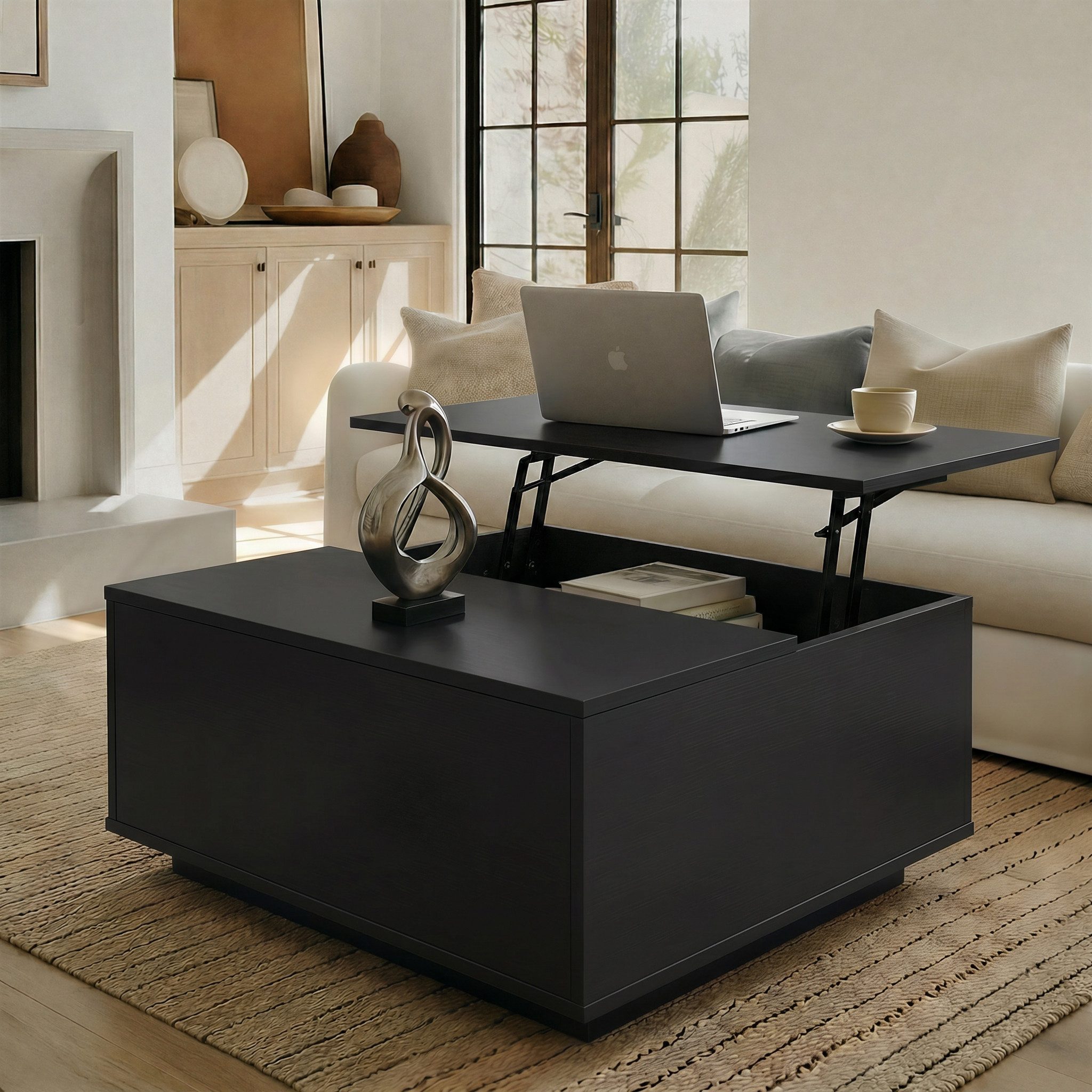 FABATO Couchtisch eckig höhenverstellbar mit verstecktem Staufach Landhaus-Design (1-St), für Wohnzimmer & Home Office