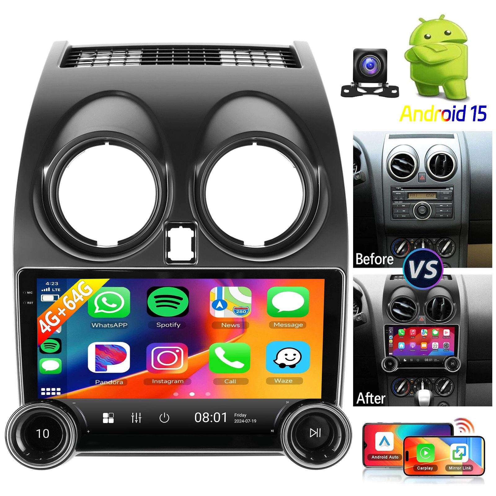 ESSGOO DAB+ Android15 Carplay 32/64G Für Nissan Qashqai J10 2007-2015 Autoradio (Digitalradio (DAB), RDS, AM, FM, 4+64GB(optional), Apple Carplay Android Auto GPS Navi WIFI BT EQ)
