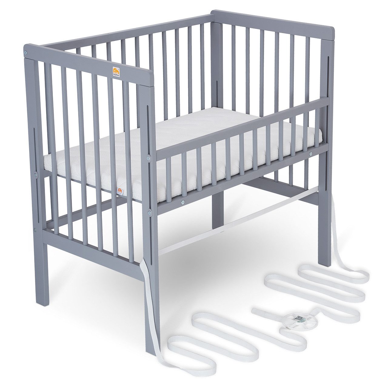 FabiMax Beistellbett Boxspring Fix grau, mit 12cm Rausrollschutz, Matratze und Netz-Nestchen