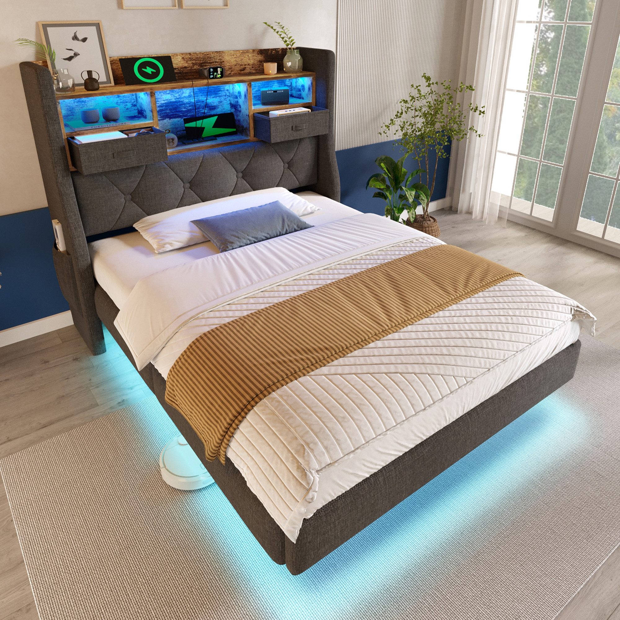 TavilaEcon Polsterbett schwebendes Bett mit LED-Beleuchtung & Ladestation ( günstig online kaufen
