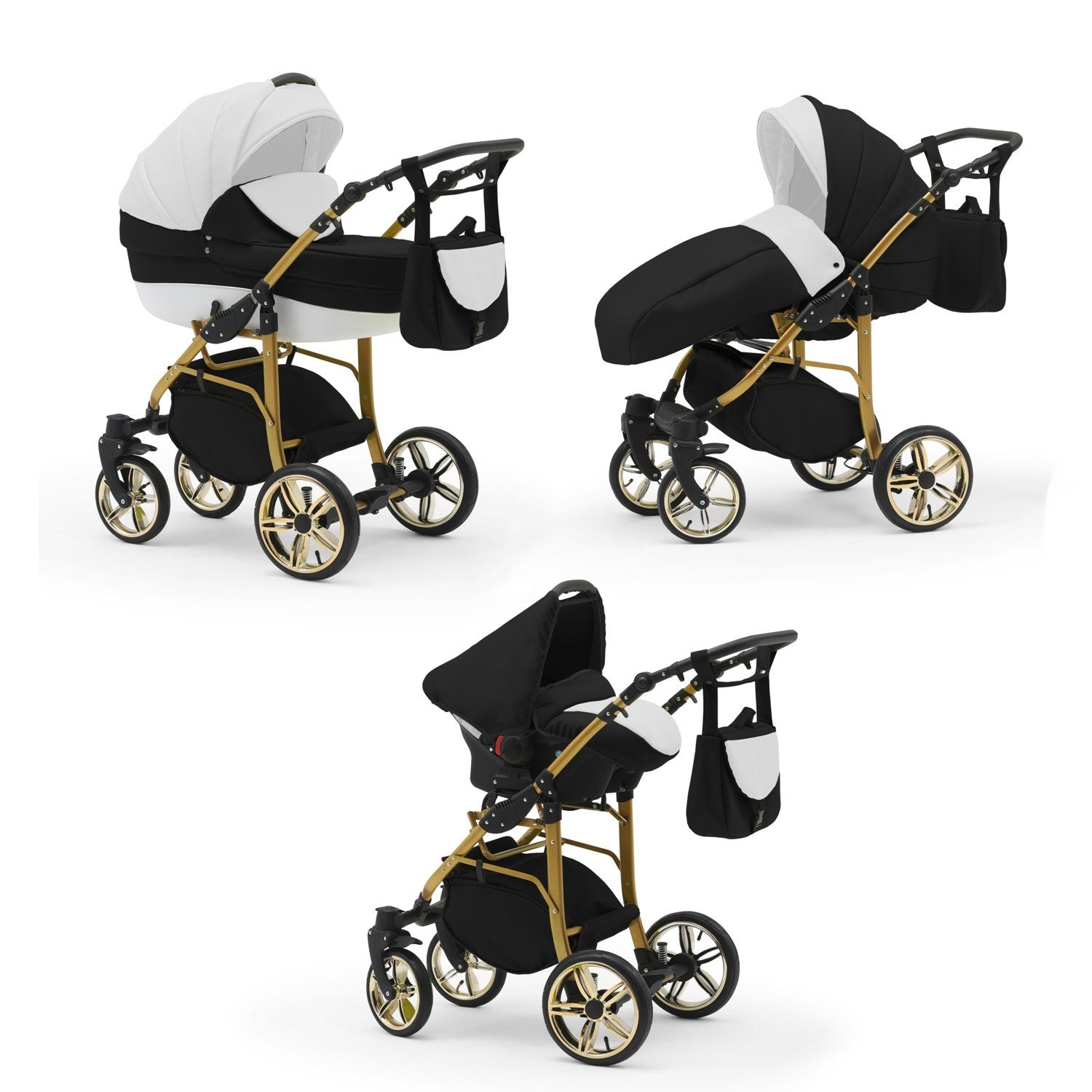 babies-on-wheels Kombi-Kinderwagen 3 in 1 Kinderwagen-Set Cosmo ECO Gold - 16 Teile - in 46 Farben Weiß-Schwarz-Weiß