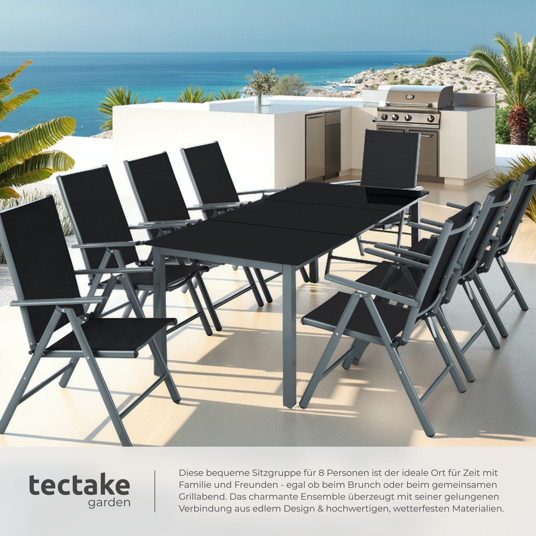 tectake Essgruppe Aluminium Sitzgruppe - Wetterfeste Gartenmöbel, (Loungeset Pompeii, 9-tlg., in Anthrazit), klappbare Stühle mit 8-fach verstellbarer Rückenleh – Bild 4 von 5