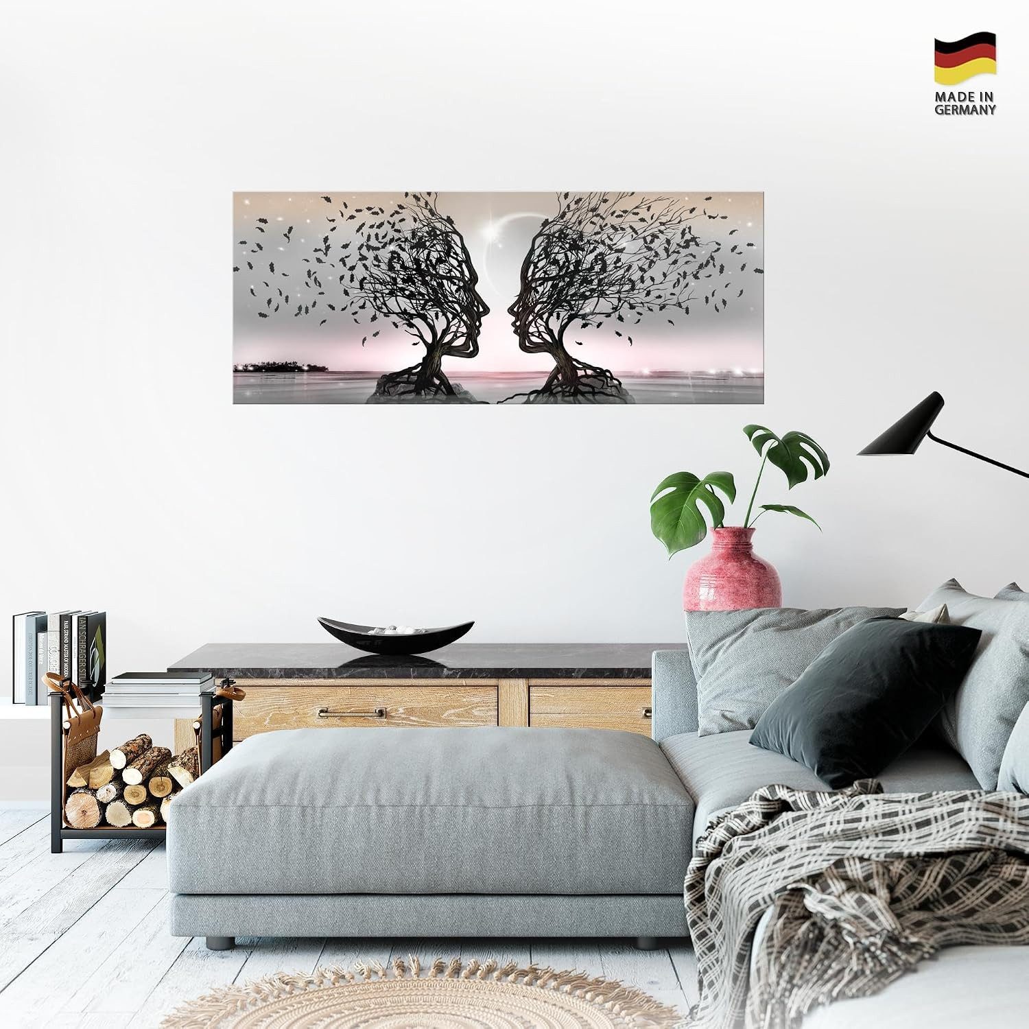 Runa Art Wandbild Liebespaar Abstrakt Bild Wohnzimmer Schlafzimmer Deko 100x40 cm, Liebespaar Rosa
