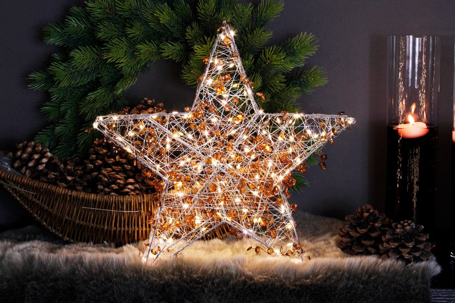 LED, LED für und Bernstein Stern künstlichen mit LED Arnusa 45x45x7cm Innen Weihnachtsstern, Leuchtstern warmweiß, 120 Aus, Weihnachtsbeleuchtung Ein- Außen