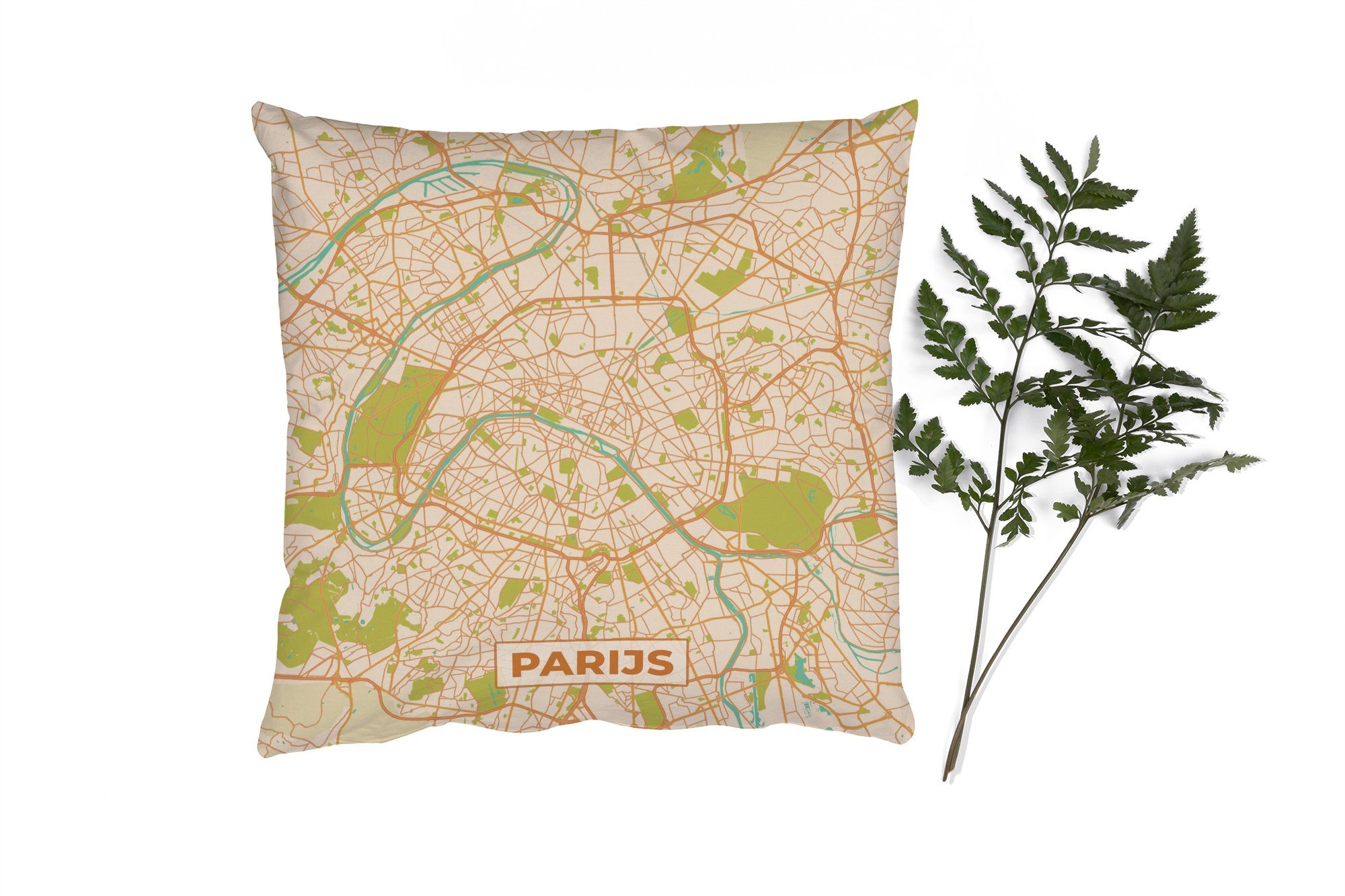 Paris mit für Wohzimmer, Sofakissen - Deko, Stadtplan Vintage Füllung - MuchoWow Dekokissen Karte, Zierkissen - Schlafzimmer,