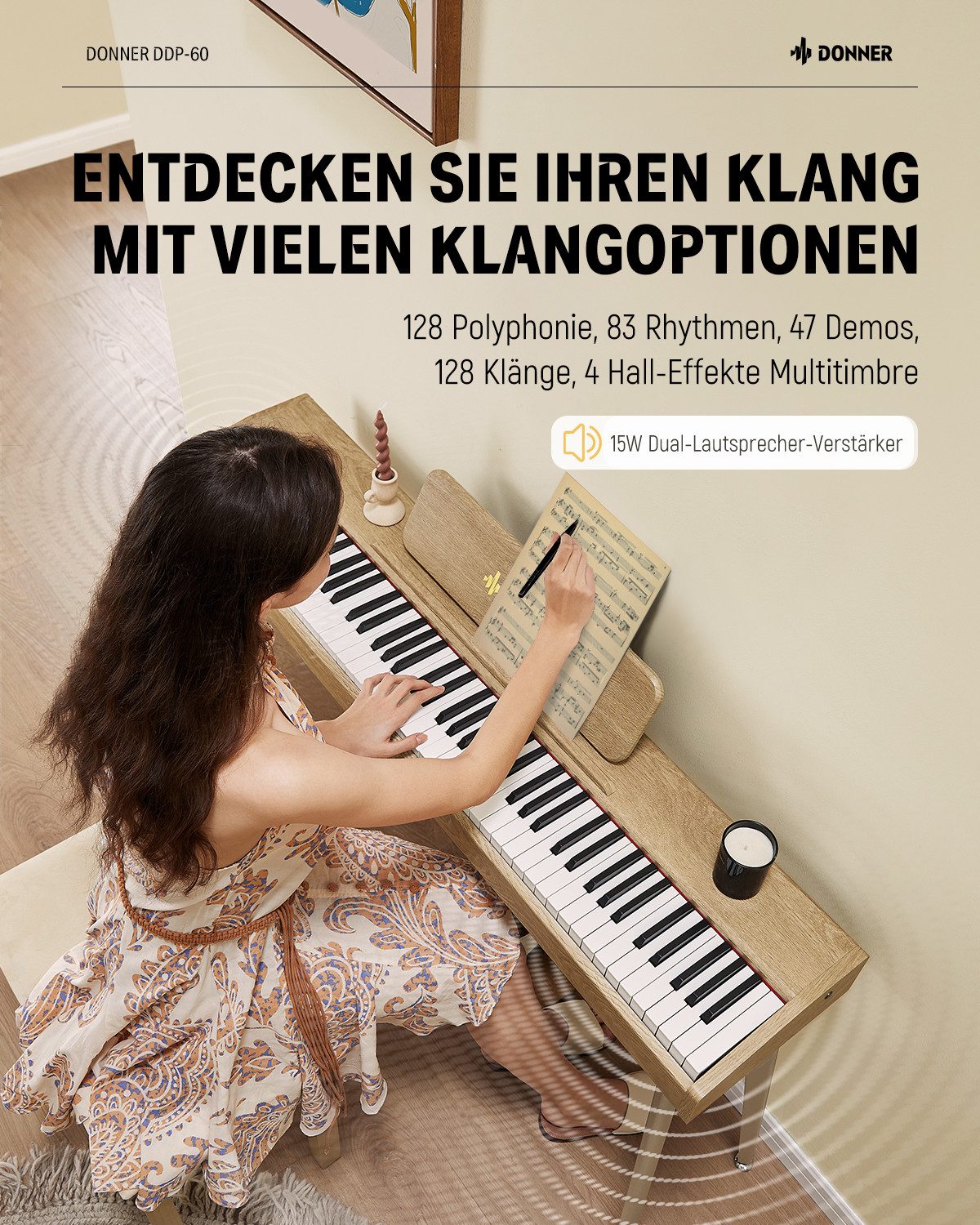 Donner Digitalpiano 88 Tasten halbgewichteter Tastatur Holzmaserung Keyboard DDP-60 (SET, 3-Pedal-Einheit,Netzadapter, Notenständer, Produktanleitung), 128 Stimmen, 83 Rhythmen, 8 Reverb-Effekten, 5 Stärkekurven