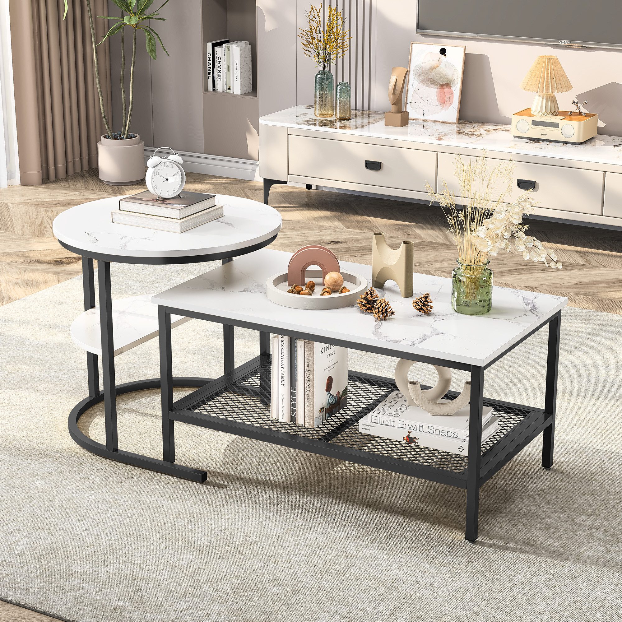 Gdood Couchtisch Kaffeetisch Beistelltisch Satztische 2er Set, Große Werbung (2-St., 80x46x41cm+Ø52x51cm), Mit Marmormuster Tischplatte,Quadrat + Rund
