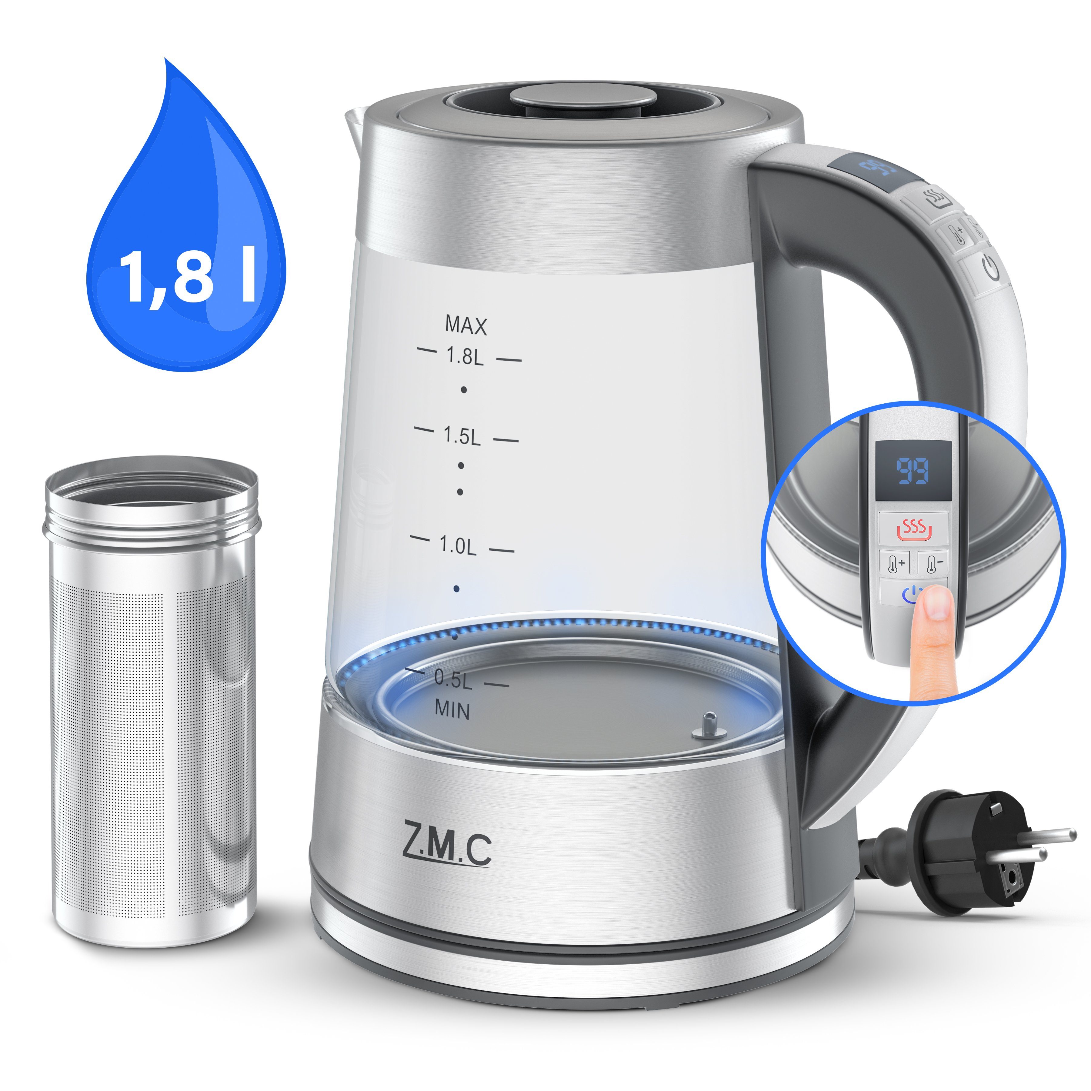 ZMC Wasserkocher Wasserkocher Glas mit Temperaturwahl 1,8 Liter Warmhaltefunktion, LED Beleuchtung / mit Einstellbare Temperatur Temperatureinstellung