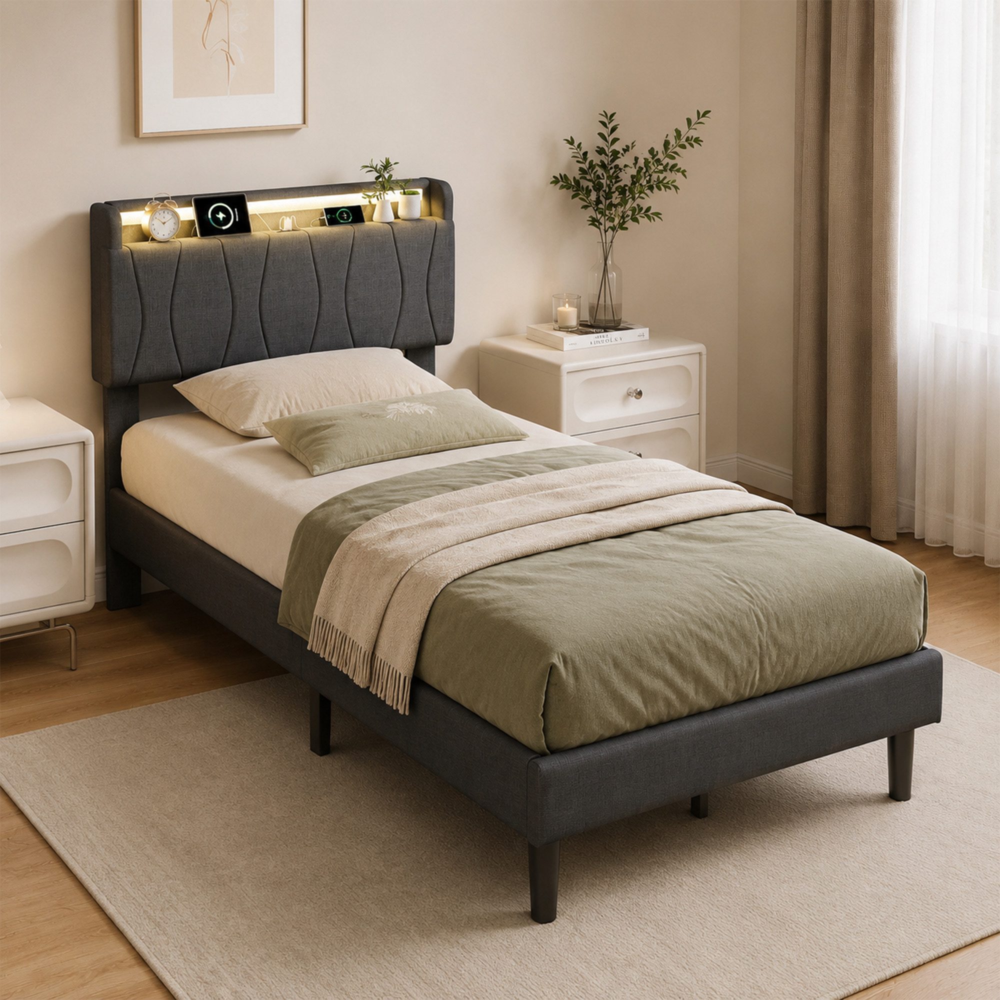 Simurq Einzelbett Einzelbett 90x200 cm mit LED-Kopfteil, Jugendbett, Gästebett (modernes Bettgestell mit Ladestation), Polsterbett aus Leinenstoff mit USB- und Type-C-Anschluss