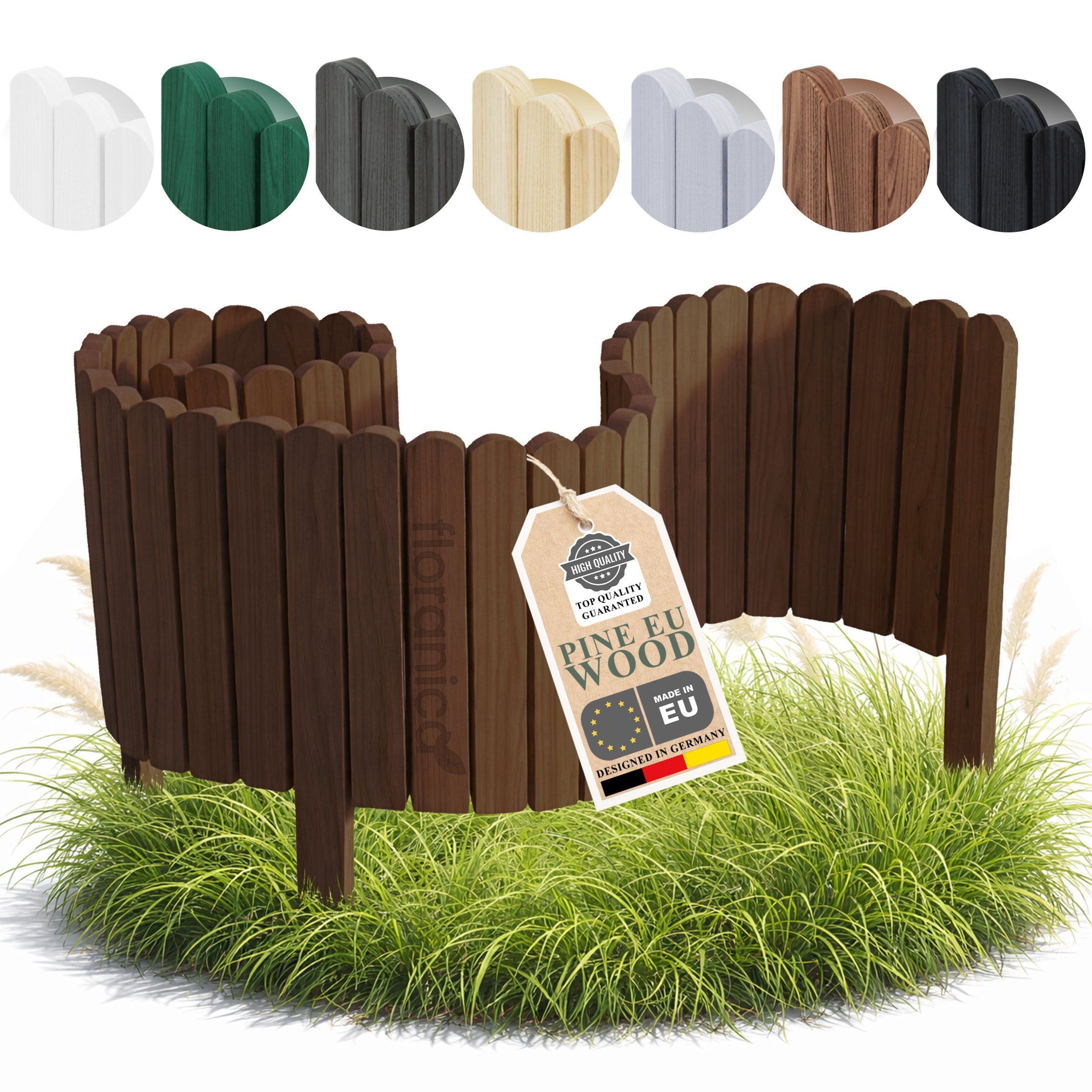 Floranica Beetbegrenzung Rasenkante Beeteinfassung Beetumrandung Rollzaun Holzzaun Gartenzaun, LxH: 100x10 cm, 1 Stk., Nussbraun, Dekozaun Umzäunung für Garten Blumenbeetee Wege Rasenbegrenzung