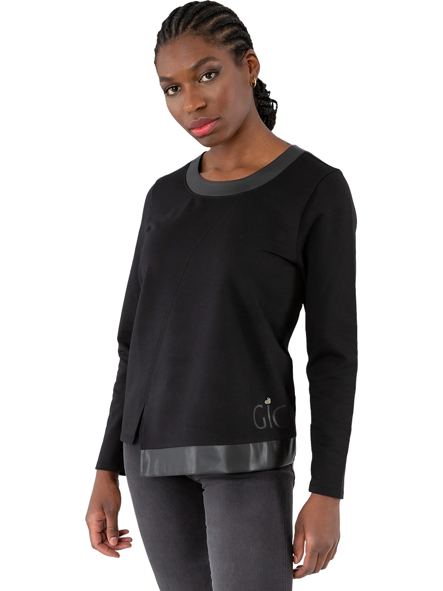 Gio Milano Rundhalspullover G31-7115, mit Lederimitat am Saum und Ausschnit günstig online kaufen