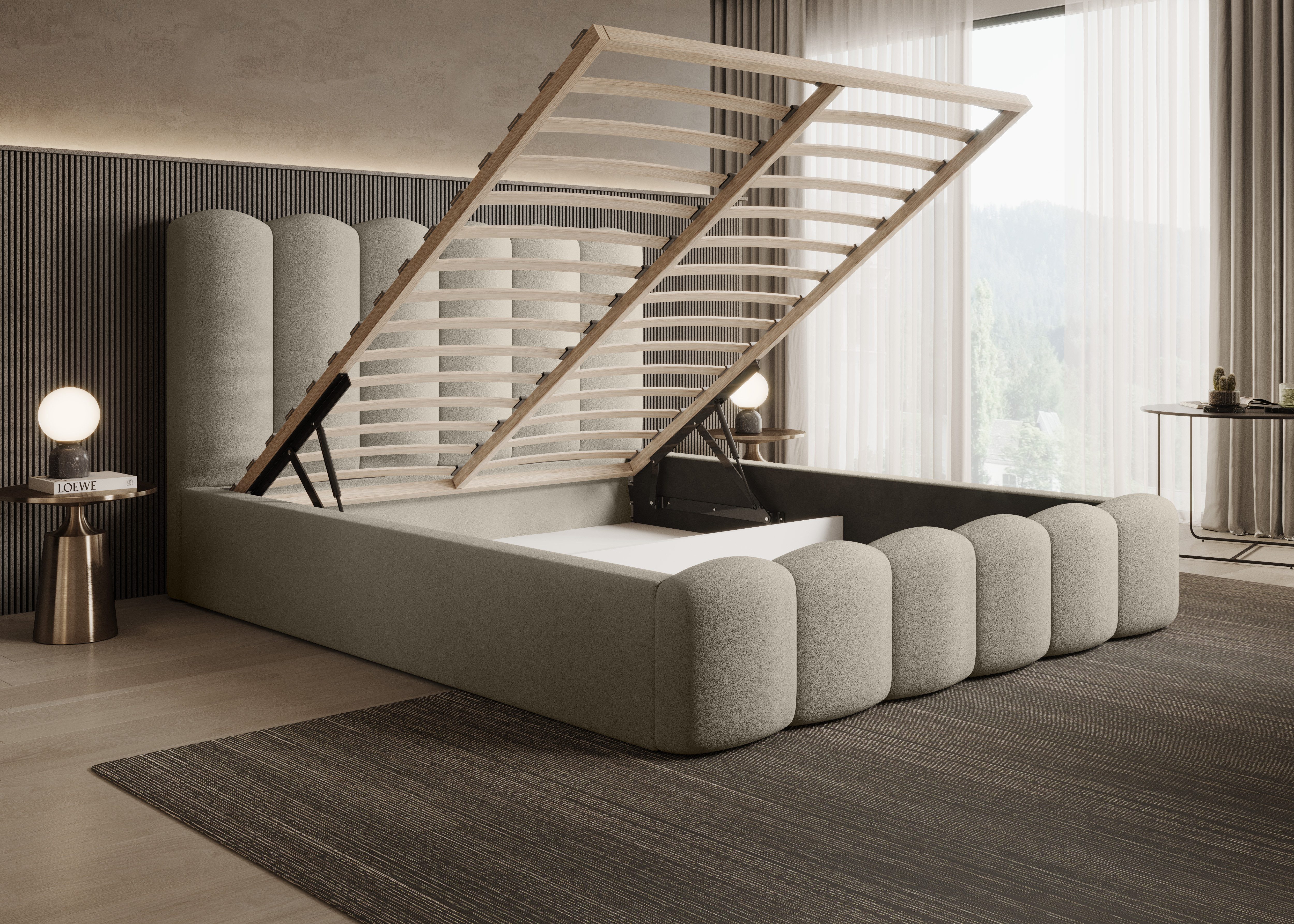 Goldstoff Polsterbett mit Bettkasten - LOFT inkl. Lattenrost und hohem Kopfteil (140x200 160x200 180x200 200x200cm - mit gepolstertem Kopfteil, Doppelbett - Designerbett - Wolkenbett), Erhältlich in 4 Größen
