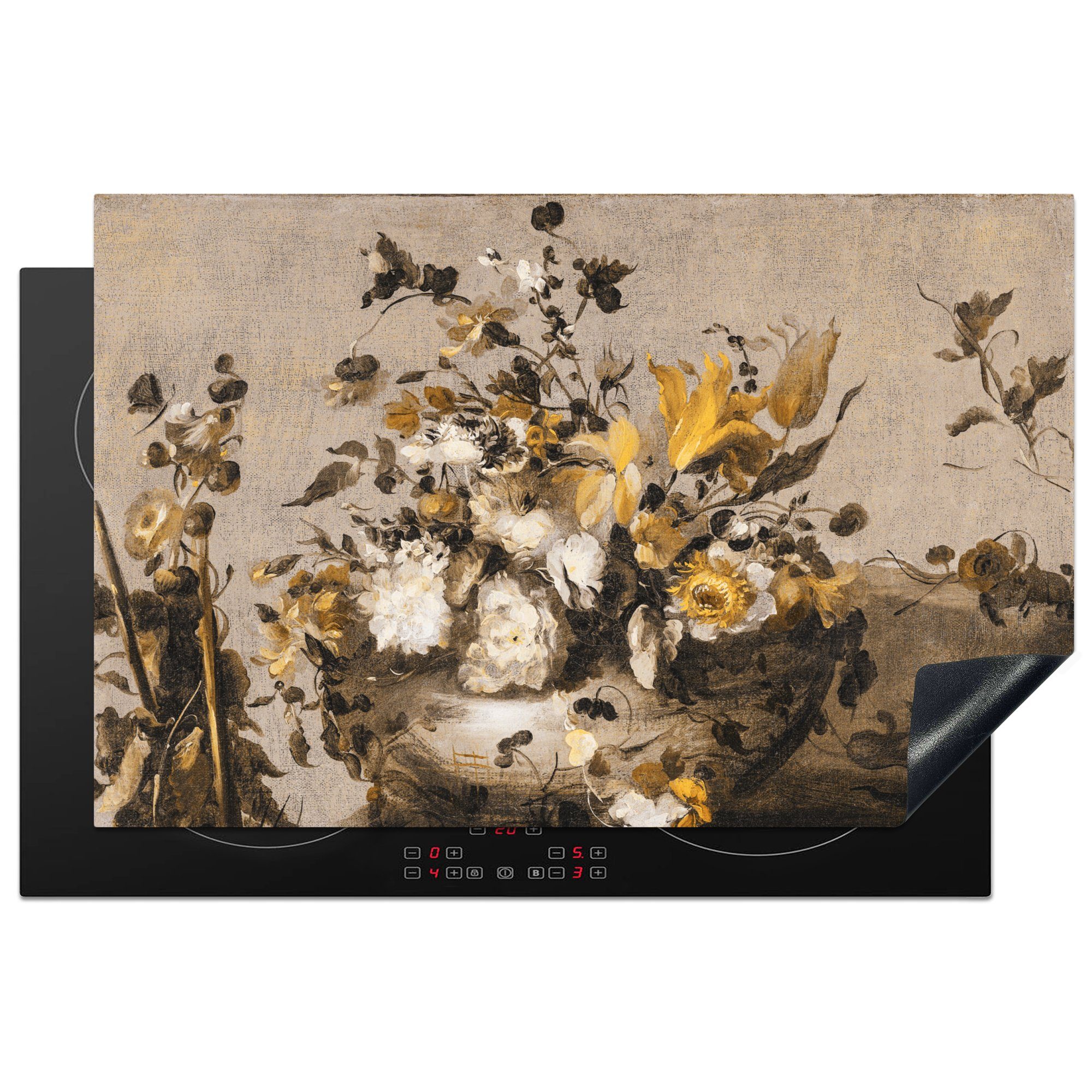 MuchoWow Herdblende-/Abdeckplatte Blumen - Alte küche, die Vinyl, (1 Induktionskochfeld - Gelb, für Ceranfeldabdeckung Schutz 81x52 Meister cm, tlg)