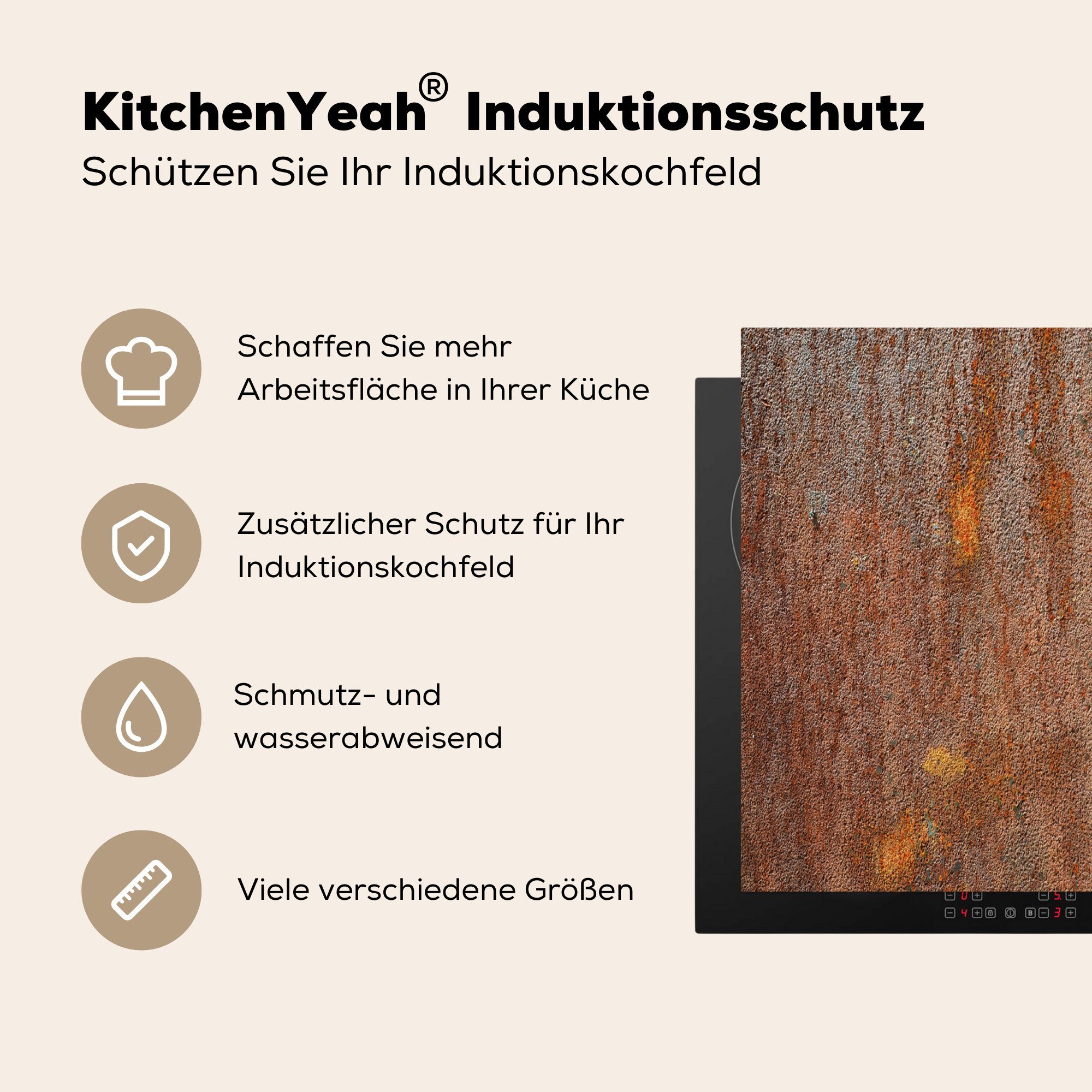 MuchoWow Herdblende-/Abdeckplatte Eisen - - Induktionskochfeld, 57x51 Ceranfeldabdeckung - Vinyl, Industrie Stahl, (1 Rost Induktionsschutz, tlg), cm