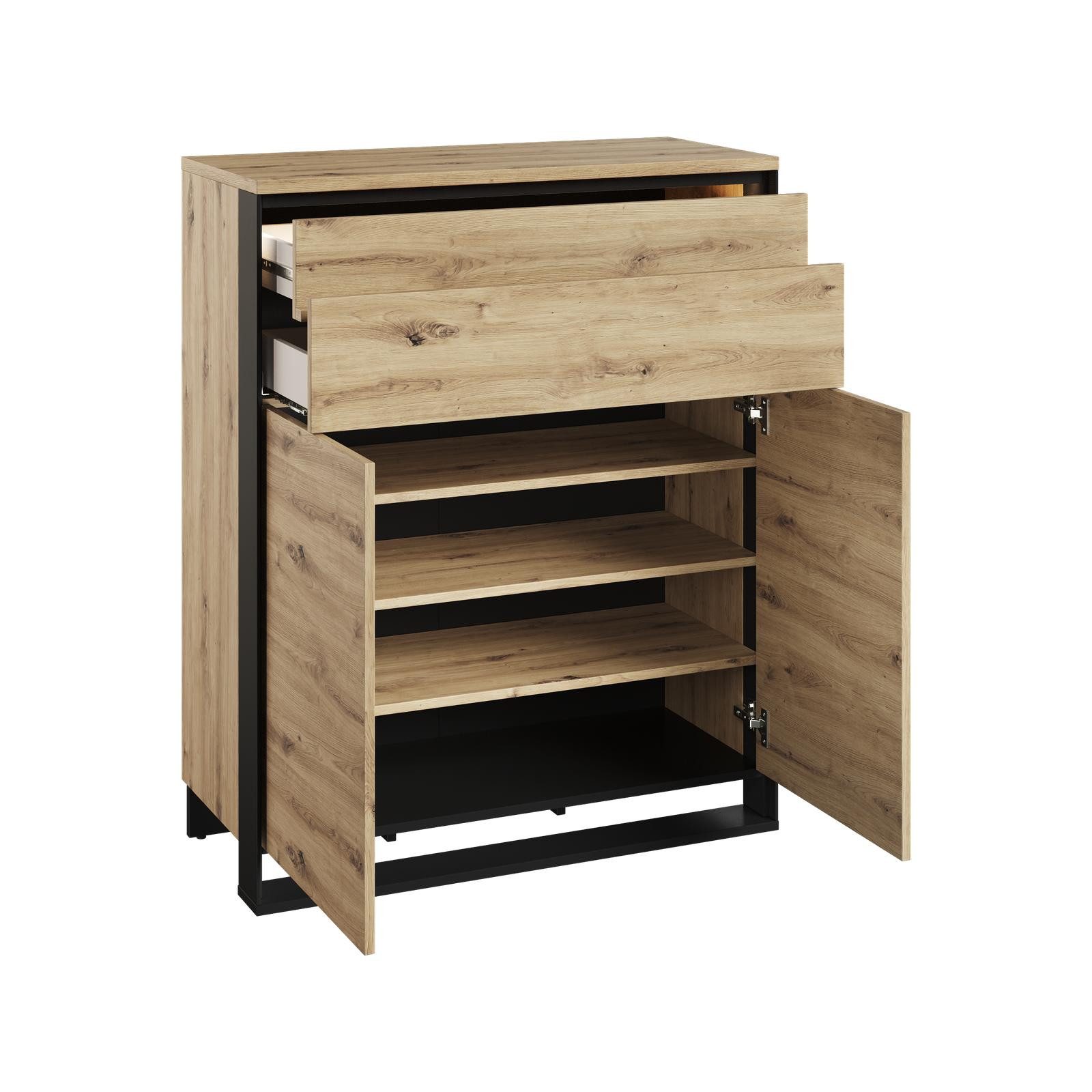 HAUSELEMENT Kommode QUANT QG-02, 2 Schubladen 2 Türen LED-Beleuchtung Sideboard 92 cm Push-to-Open Loft