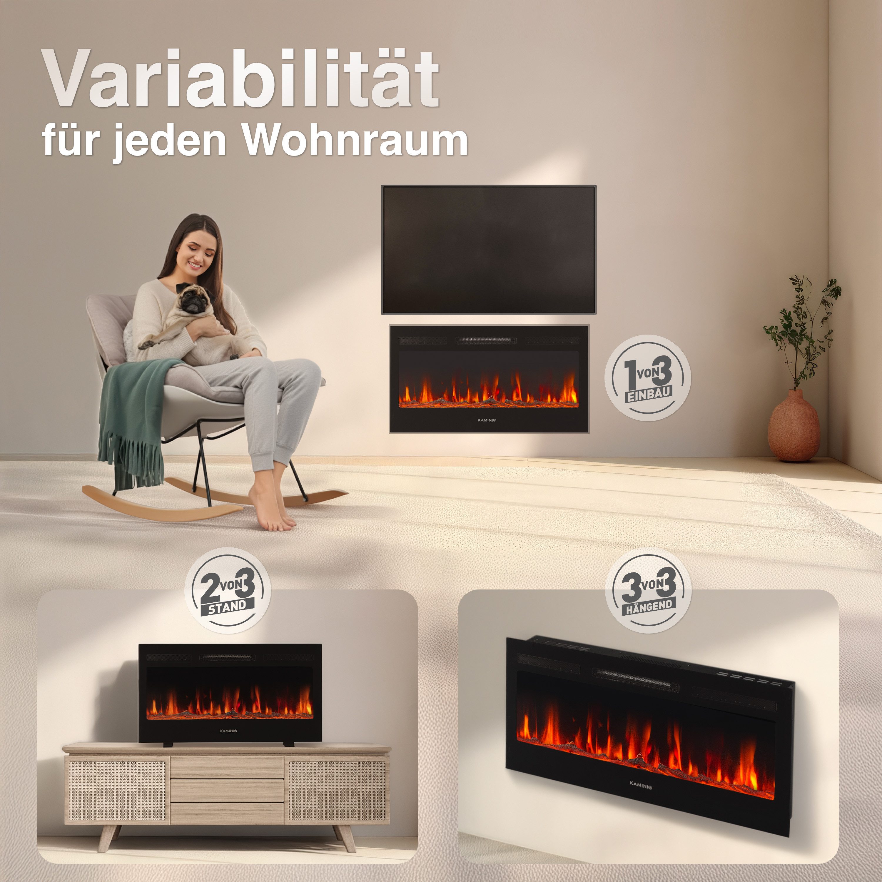 KAMINIO Elektrokamin MARLON, 3in1 Kamin: Elektrischer Stand-, Wand- und Einbaukamin, Heizung 1800W