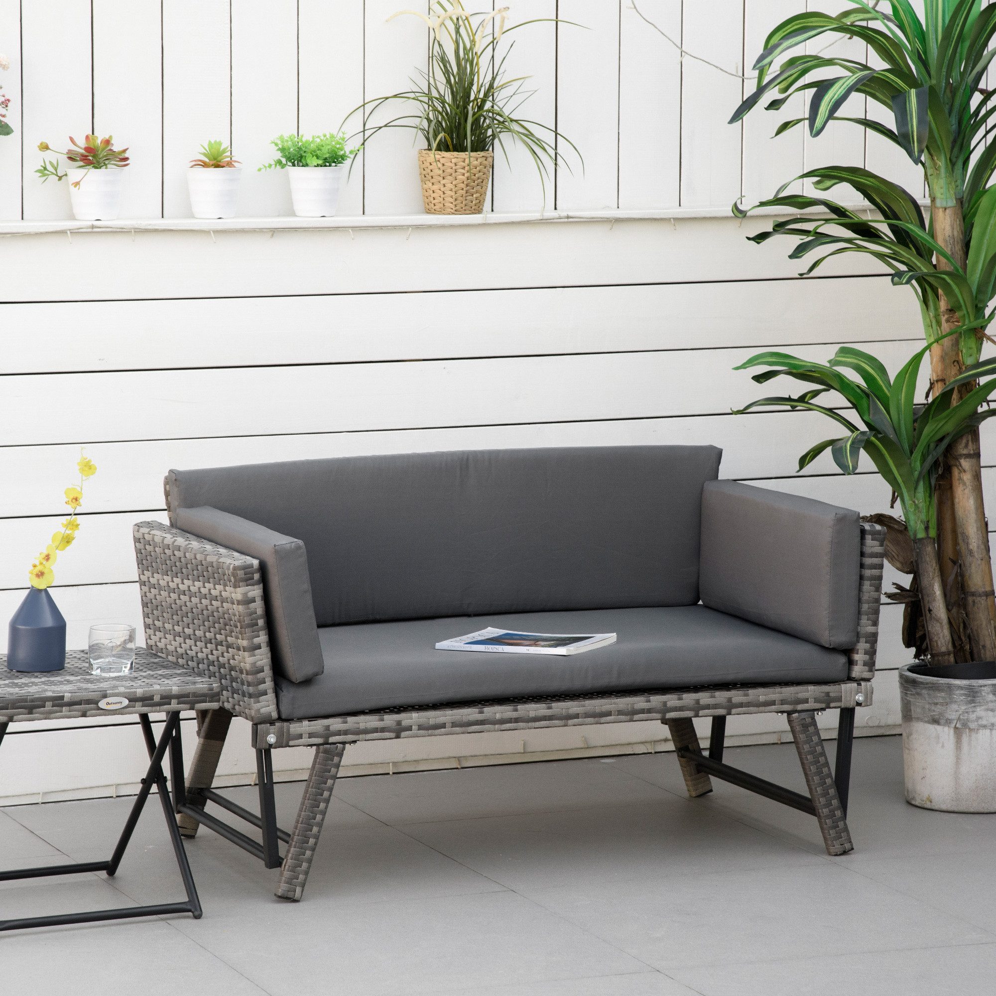 Outsunny Gartensofa Polyrattan 2 Sitzer klappbar mit Armlehnen Stahl 129x63x67cm, Gartenmöbel 1 Teile, für Garten, Balkon, Grau