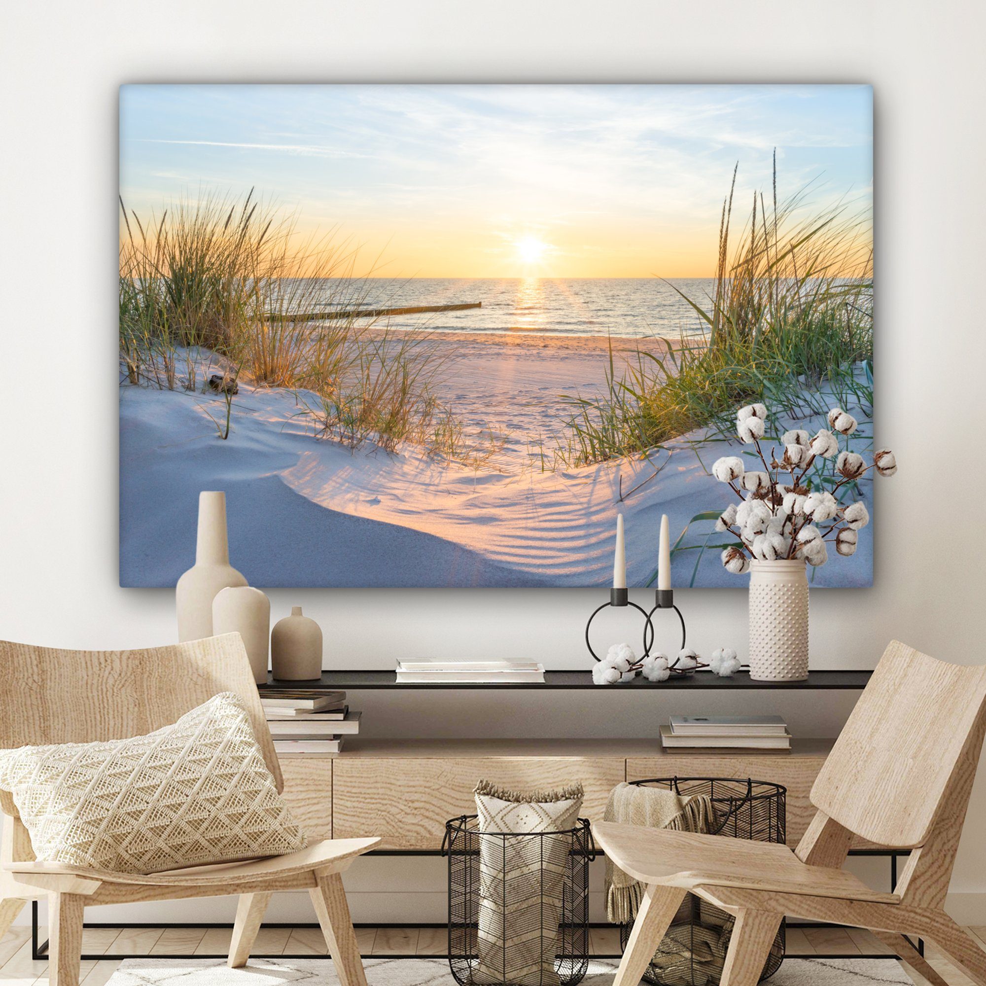 OneMillionCanvasses® Leinwandbild Strand - Sonne St), alle - - XXL, Sand 120x80 (1 Düne großes, - Horizont, für Gras Wohnbereiche, Gemälde, Wandbild - cm