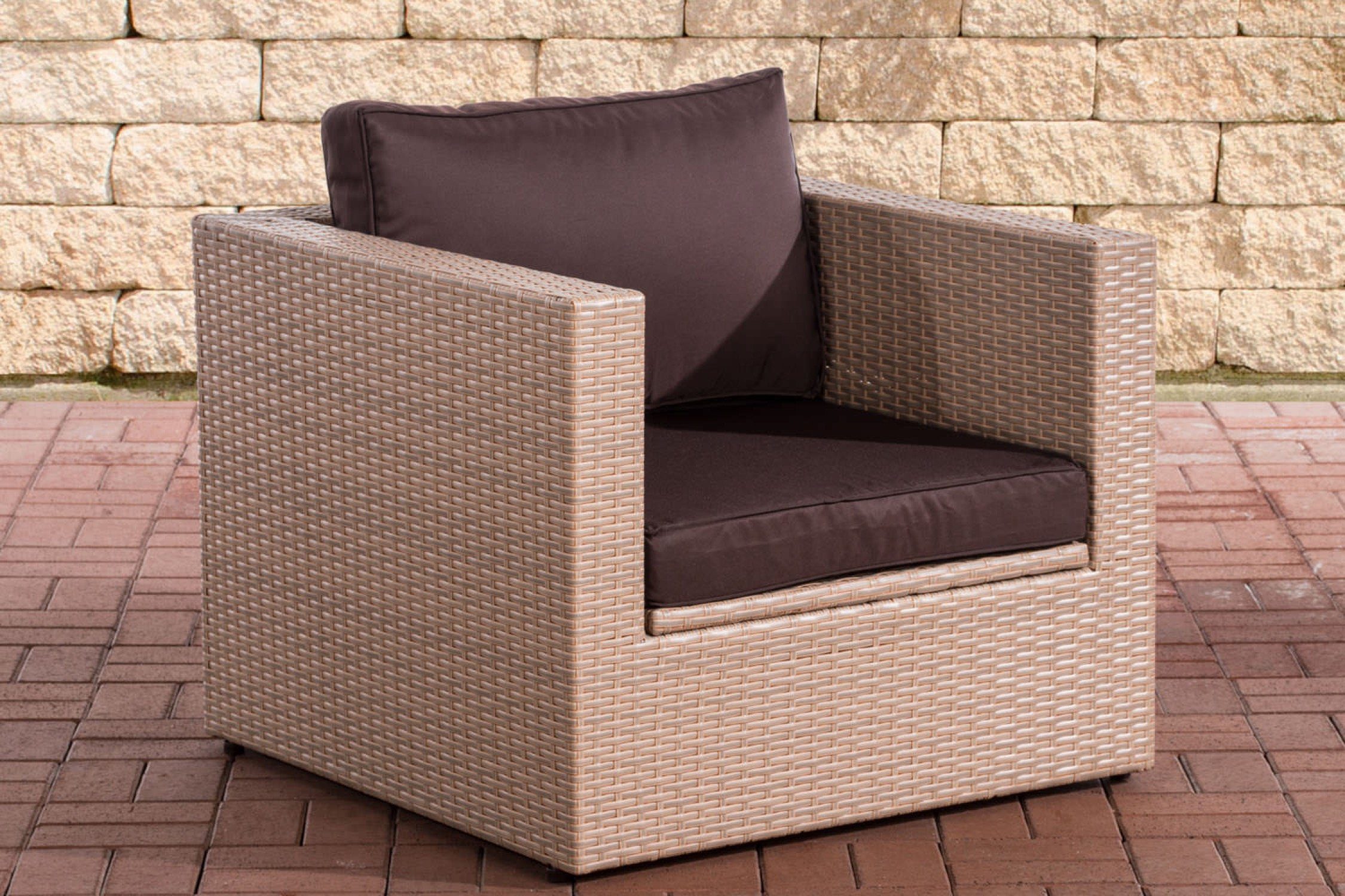 Aluminumgestell), - x Farbe: stabiler 80 Outdoor-Sessel Tico x 63cm Rattansessel pulverbeschichtetem mit aus Balkonstuhl, Maße Garten sand Gartensessel (TxBxH): Terrasse Polyrattan, 80 (Hochwertiger - für Gartensessel handgefertigtem TPFGarden 1-St., und und - Terrasssenstuhl