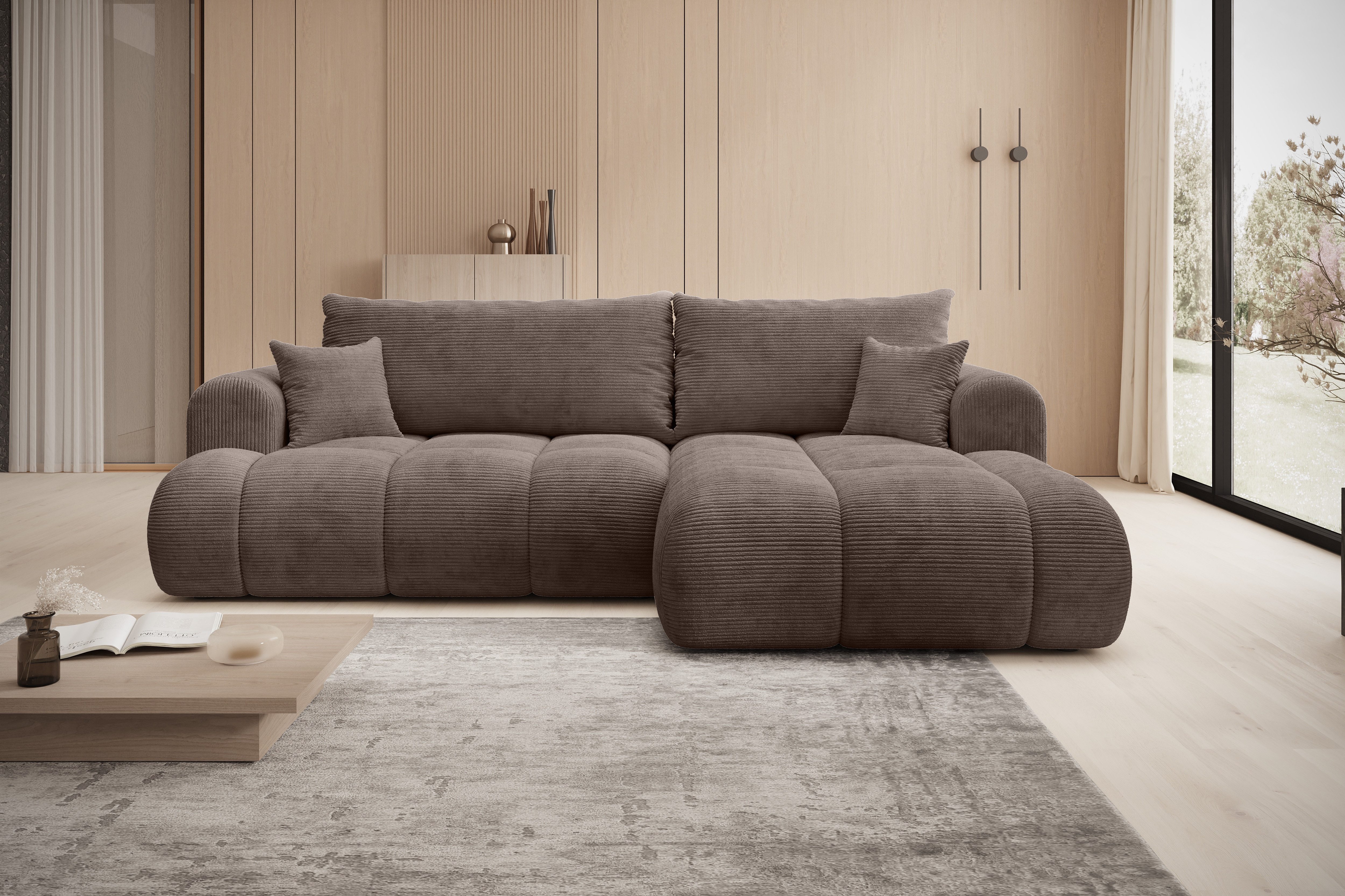 thematys Ecksofa mit Schlaffunktion und Bettkasten, L-Form, Cord und Bouclé + 2 Kissen, 260 x 165cm - Luxus Couch mit Bettfunktion mit Bonnellfedern