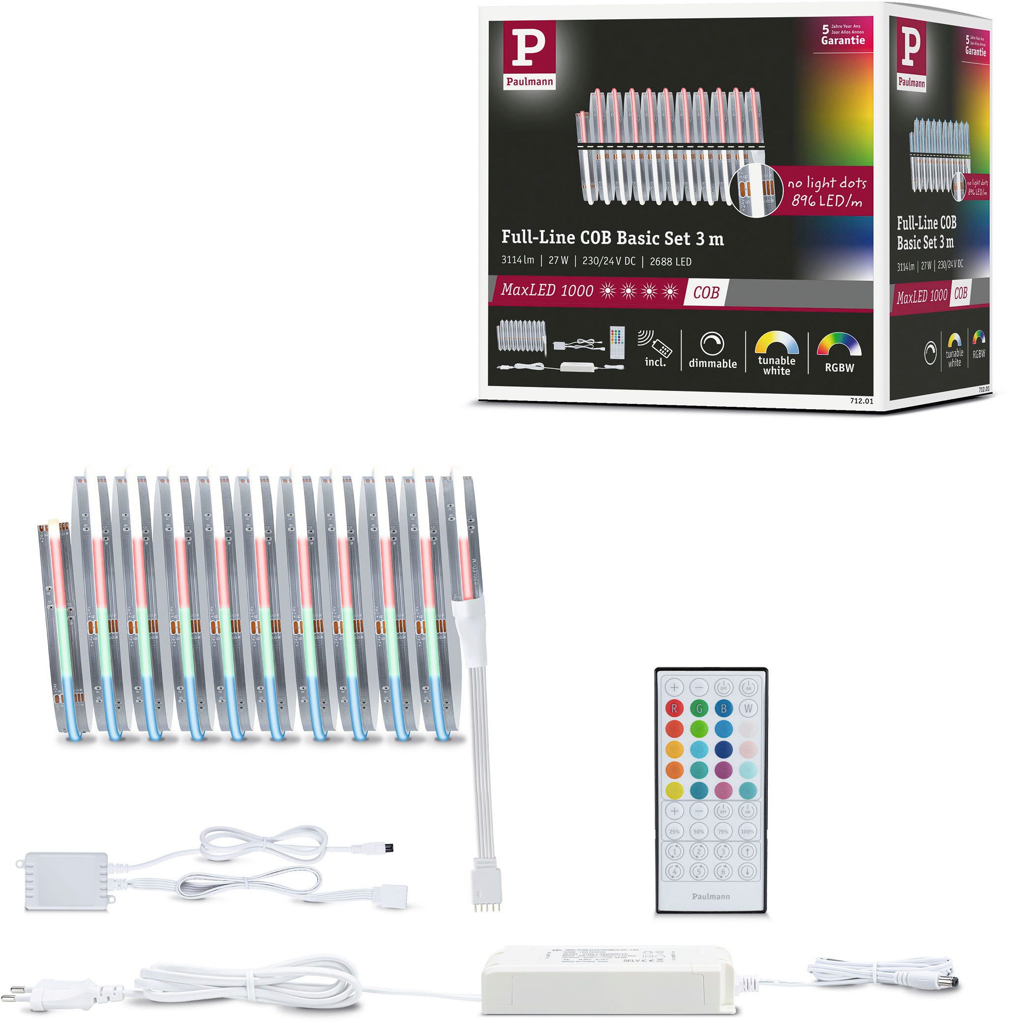 Paulmann LED-Streifen MaxLED 1000 LED Strip Full-Line COB Basisset, Memoryfunktion, Farbwechsler, Farbsteuerung, Dimmer
