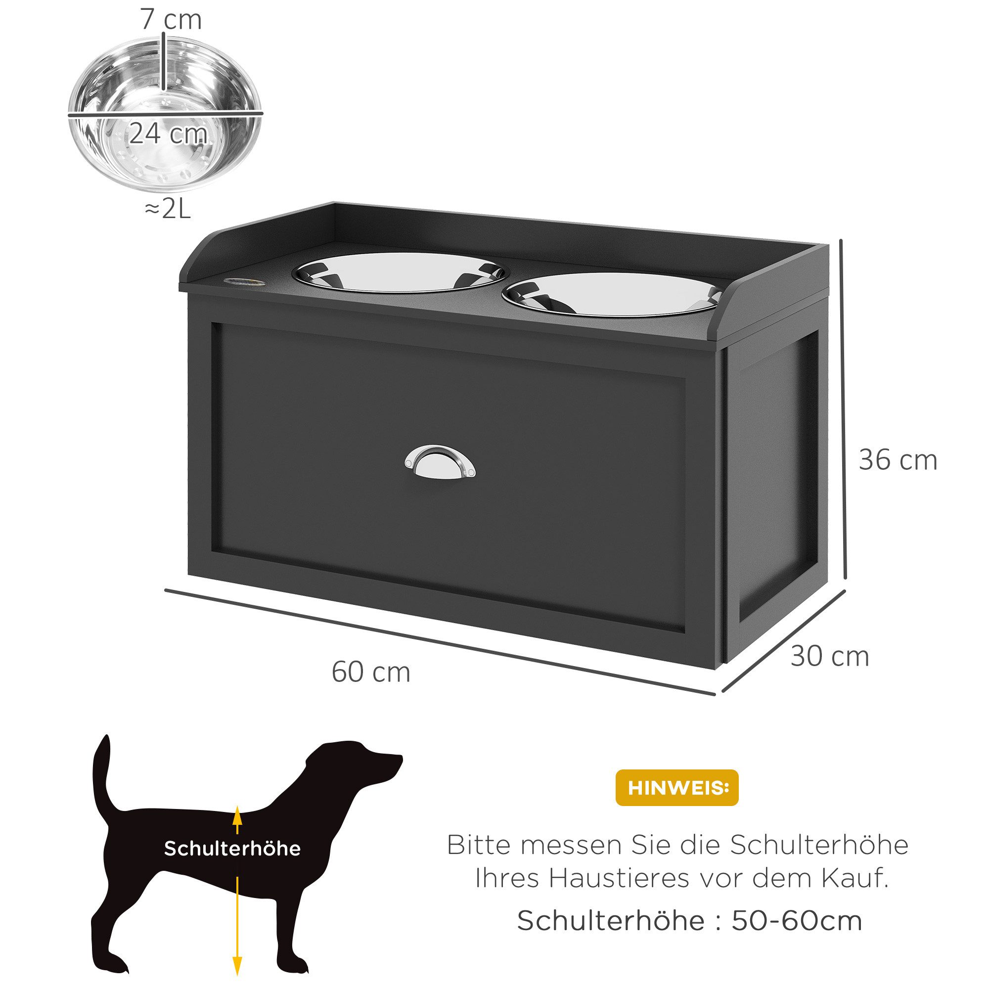 PawHut Futternapf erhöhte Futterstation mit 2 x 2L Schalen, Edelstahl, mit Schublade, für große Hunde mit einer Schulterhöhe von 50-60 cm